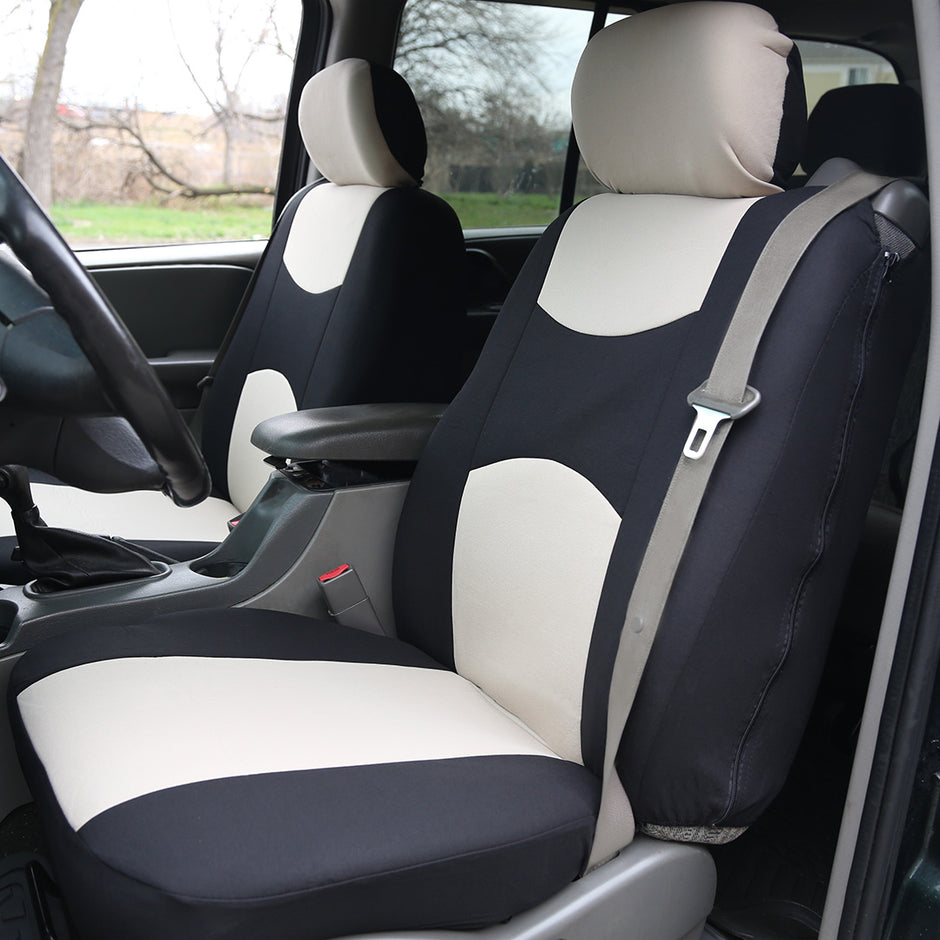 Front car seat cover with built-in seatbelt compatibility 