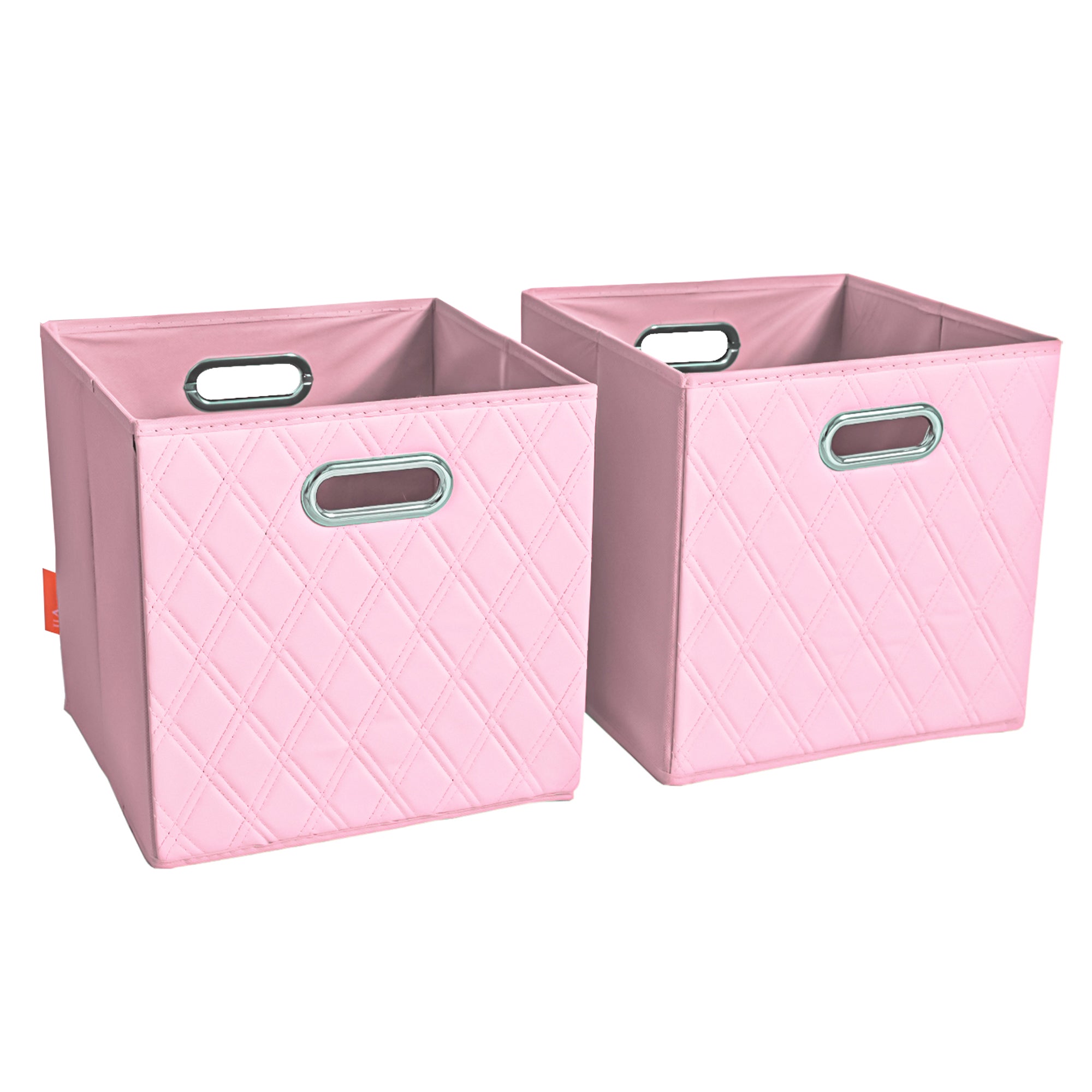 JIAessentials 11 inch Foldable Diamond Patterned Faux Leather Storage Cube Bins Set of Two with Dual Handles - 11" Pink