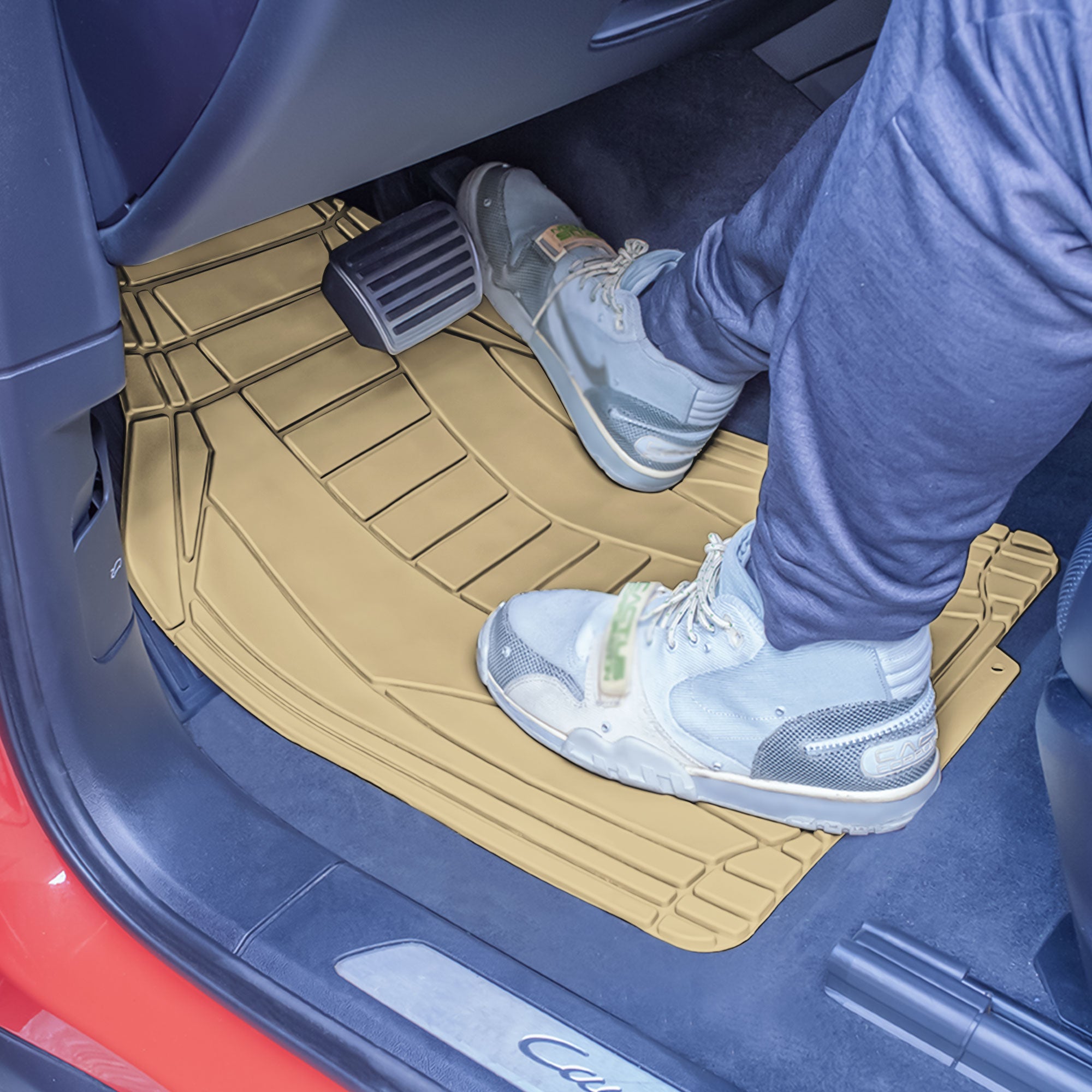 Sleek Linear Car Floor Mats - Full Set Beige