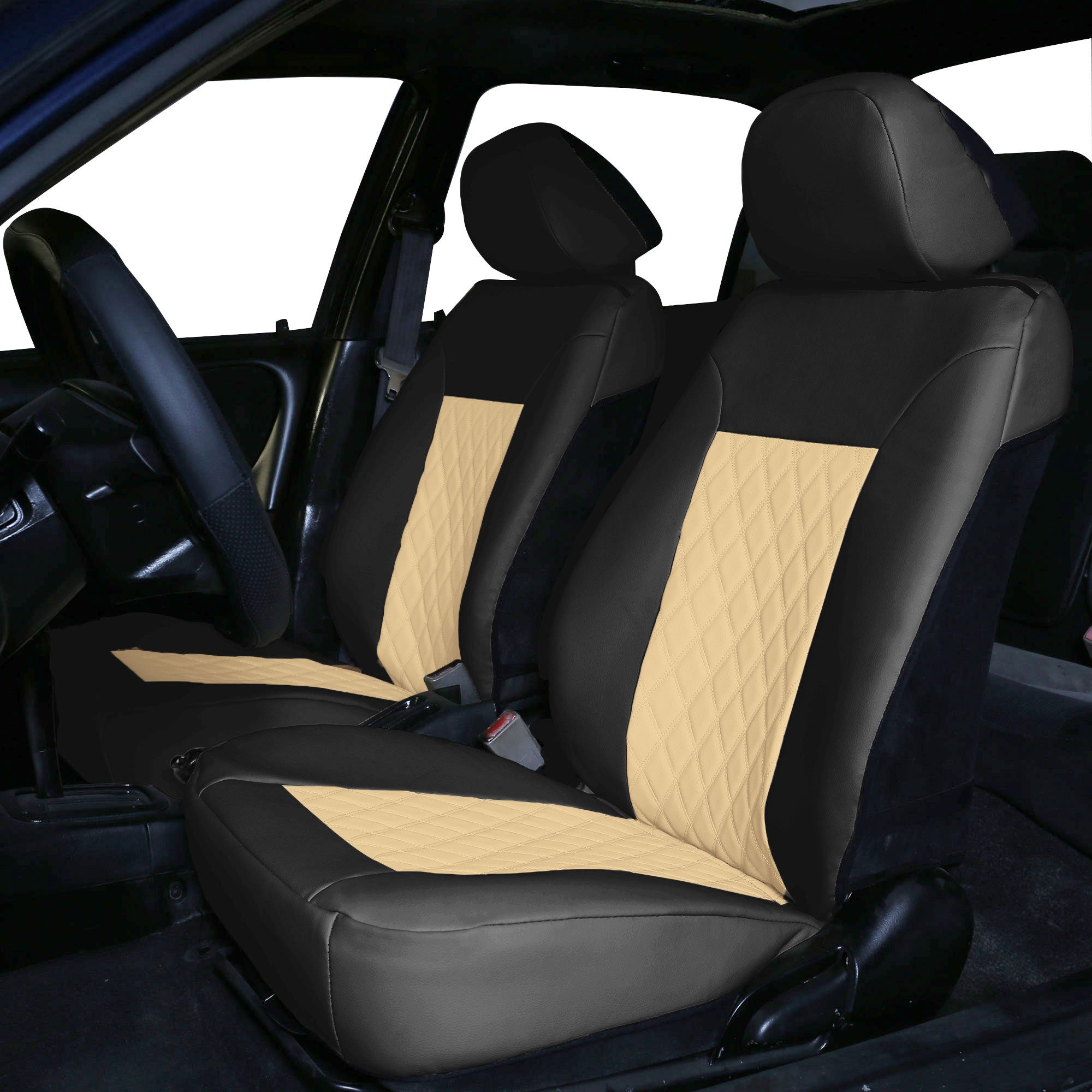 Quality Faux Leather Diamond Pattern Car Seat Cushions - Front Set Beige / Black