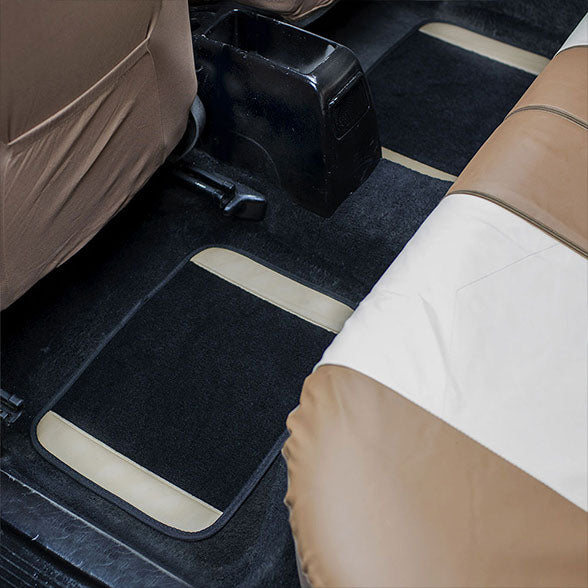 Non-Slip Carpet Floor Mats With PU Leather Trim - Full Set Tan / Black