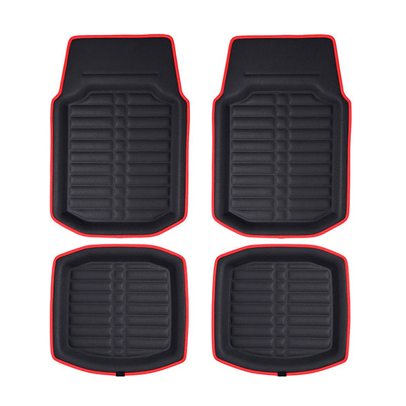 Deep Tray Non-Slip Faux Leather Floor Mats - Full Set Red