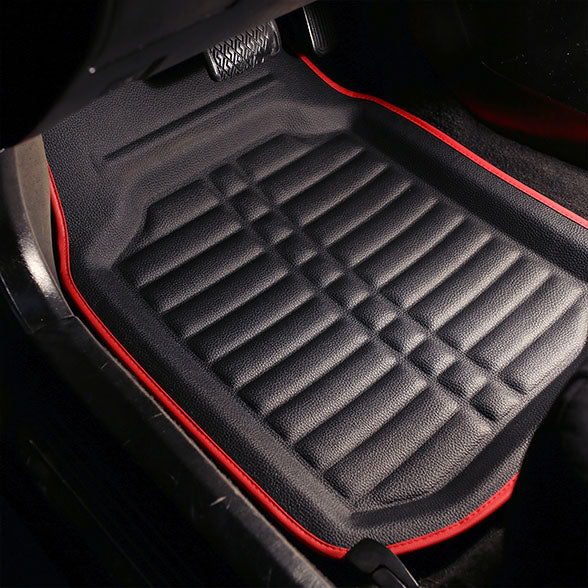 Deep Tray Non-Slip Faux Leather Floor Mats - Full Set Red