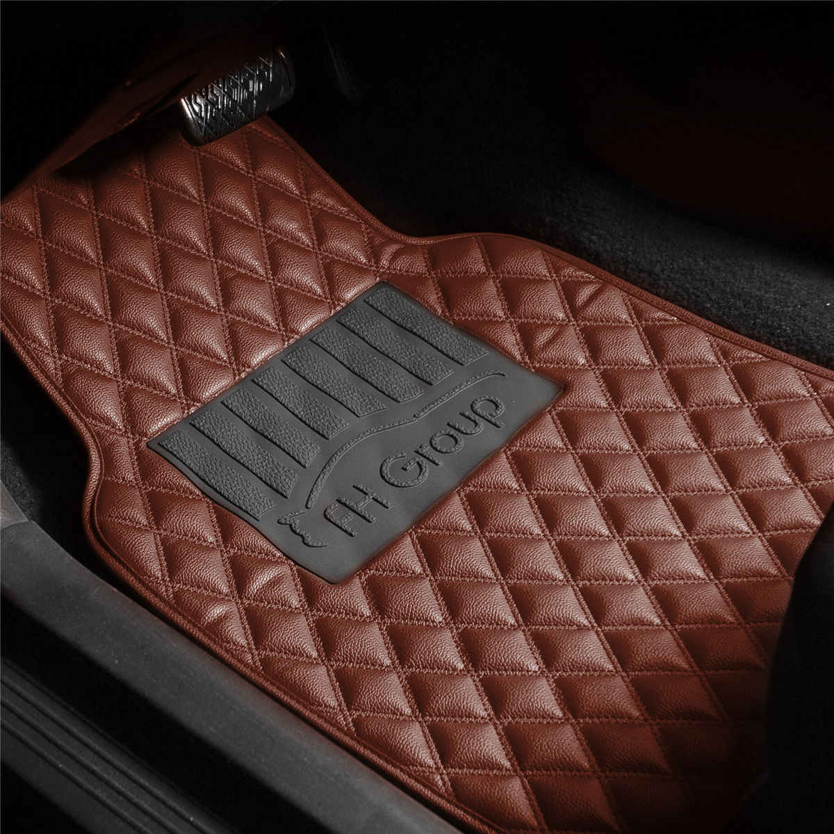 Luxury Universal Liners Heavy Duty Faux Leather Non-Slip Floor Mats Diamond Design - Full Set Brown