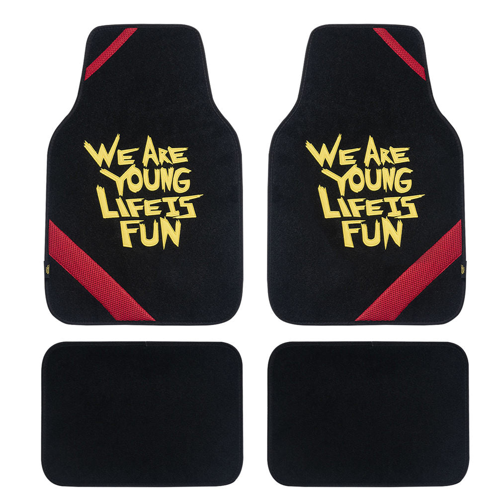 We Are Young Life Is Fun Non-Slip Carpet Floor Mats - Full Set Black Red Trim