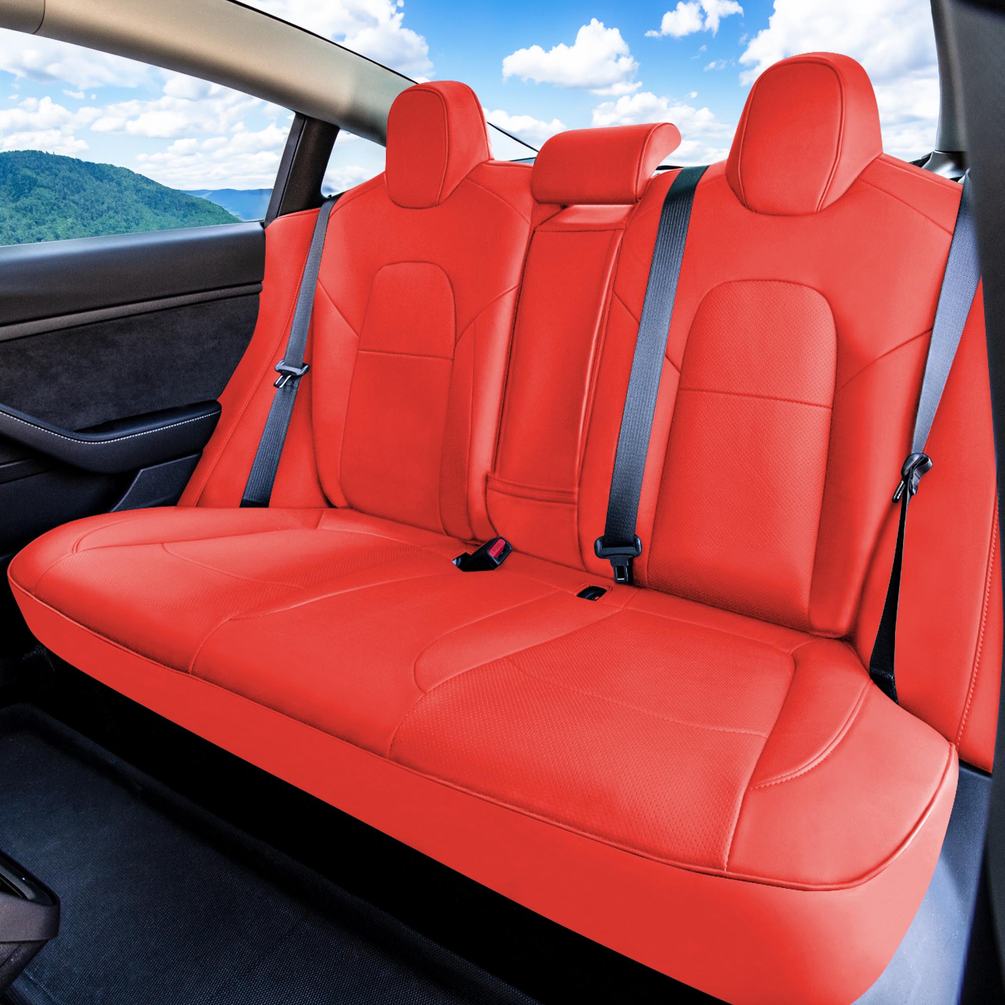 Tesla Model 3 2017 - 2024  - Rear Set - Red Faux Leather