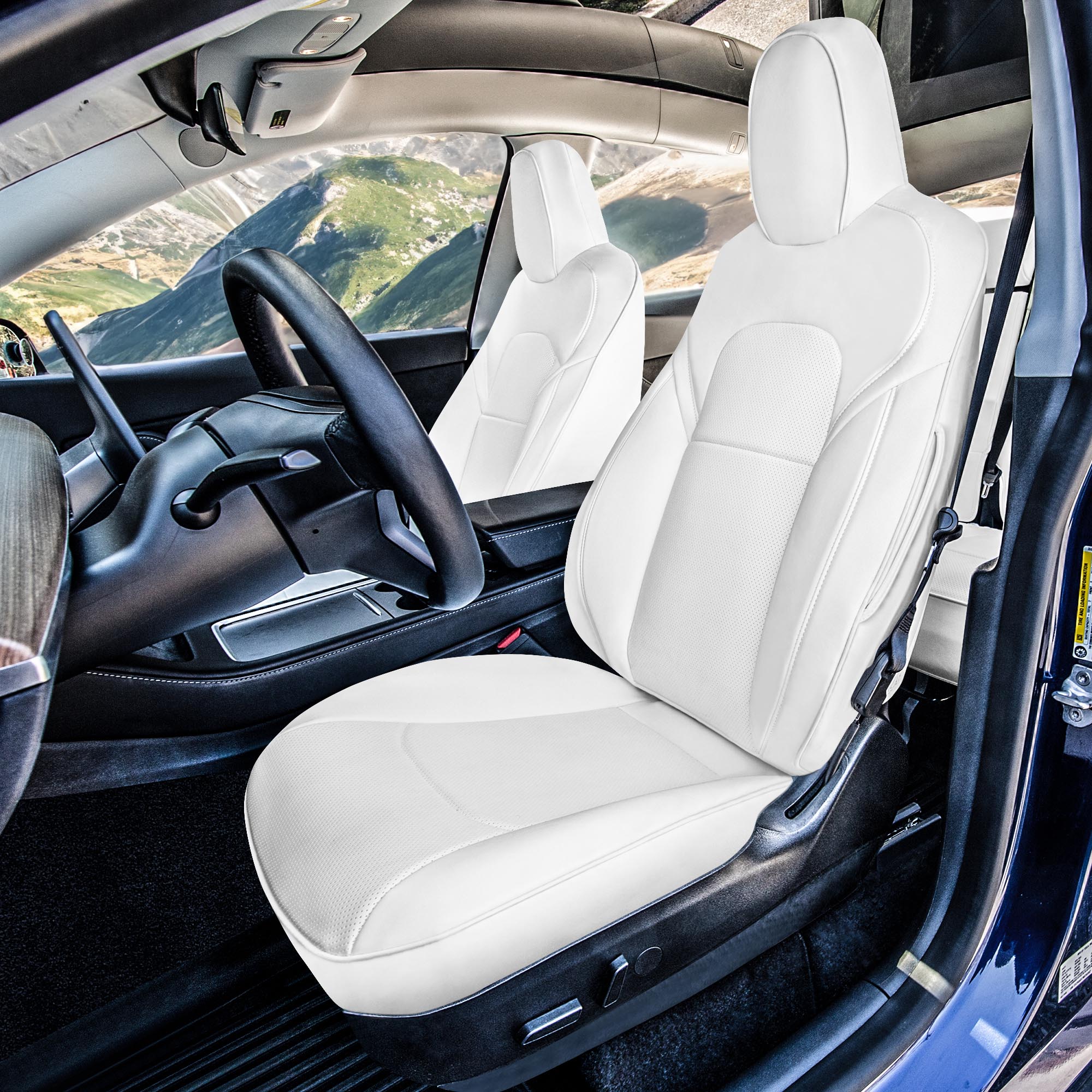 Tesla Model 3 2017 - 2024  - Front Set - White Faux Leather