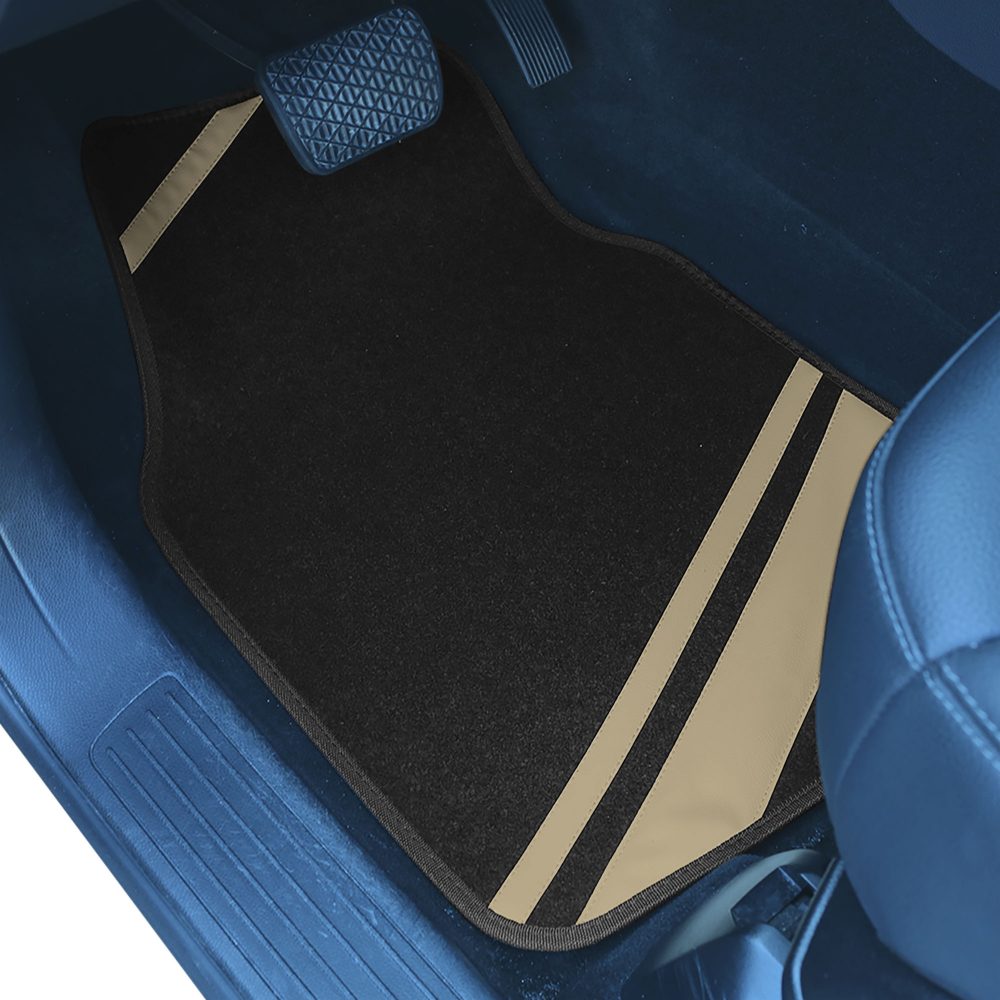 Non-Slip Carpet Floor Mats with Faux Leather Stripes - Full Set Beige