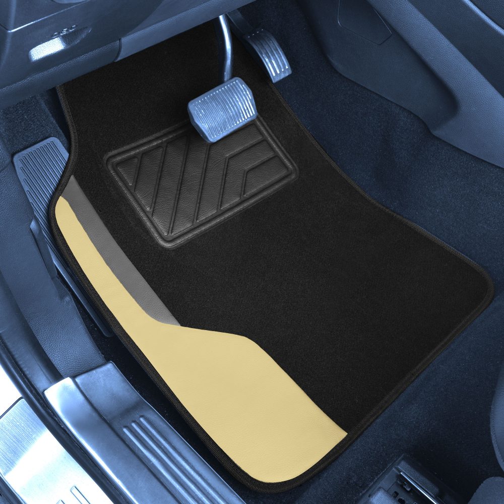 Color-Block Carpet Liners Non-Slip Car Floor Mats with Faux Leather Accents - Full Set Beige