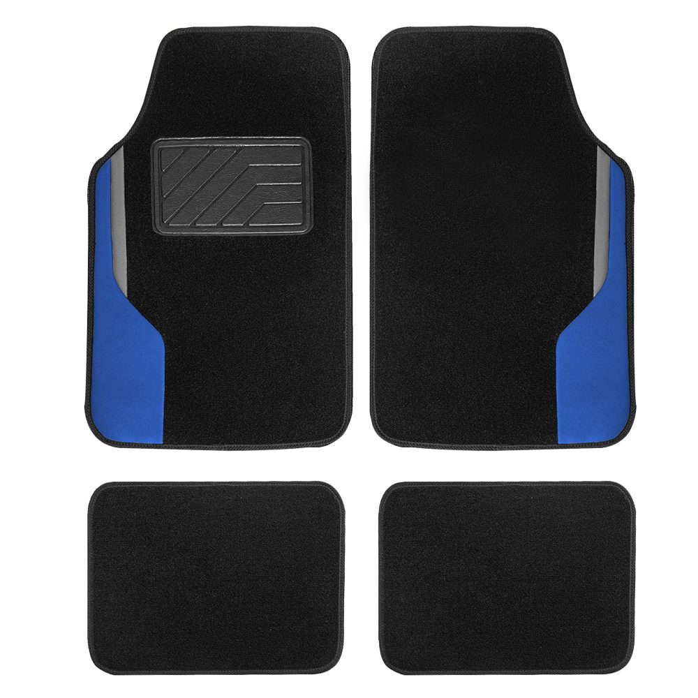 Color-Block Carpet Liners Non-Slip Car Floor Mats with Faux Leather Accents - Full Set Blue