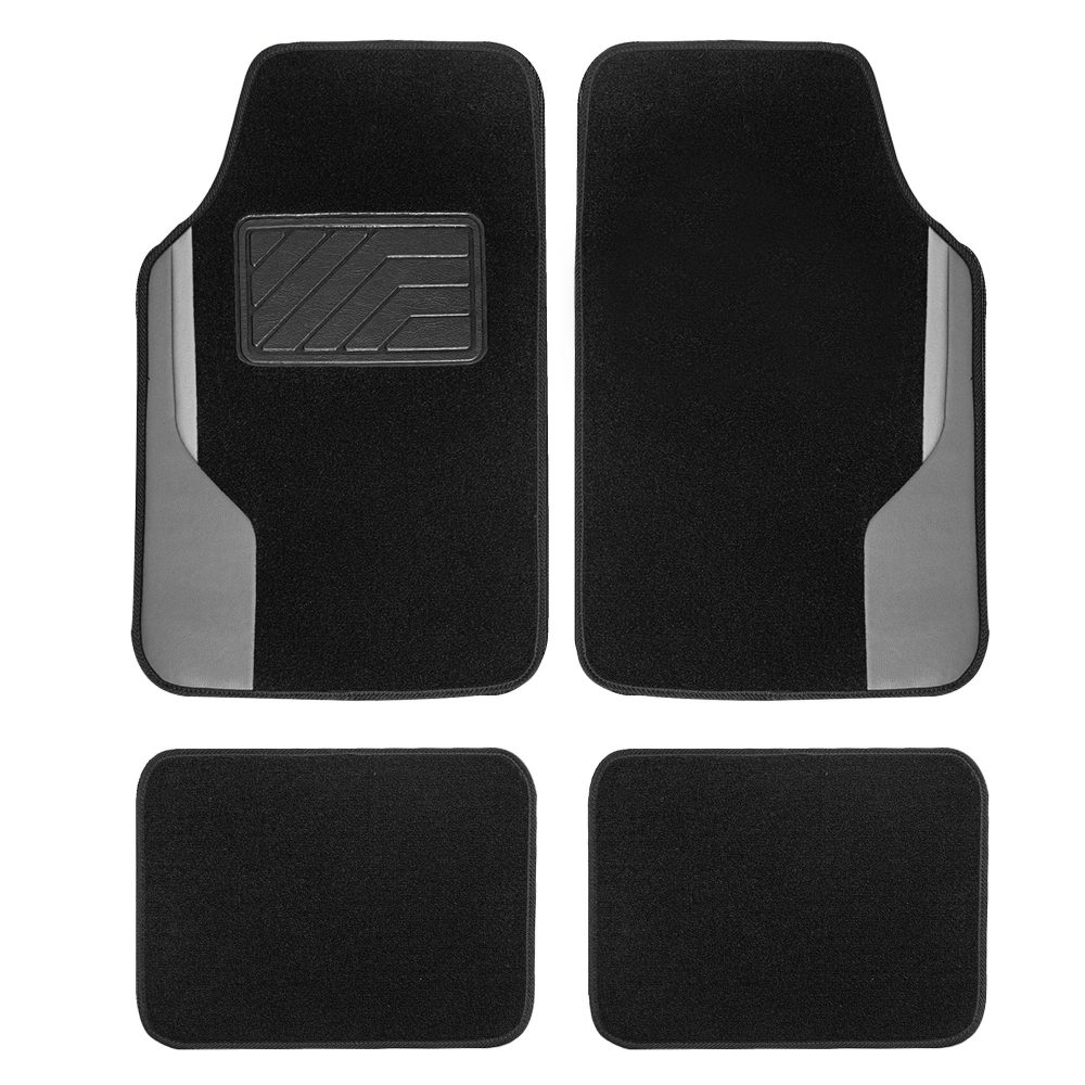 Color-Block Carpet Liners Non-Slip Car Floor Mats with Faux Leather Accents - Full Set Gray