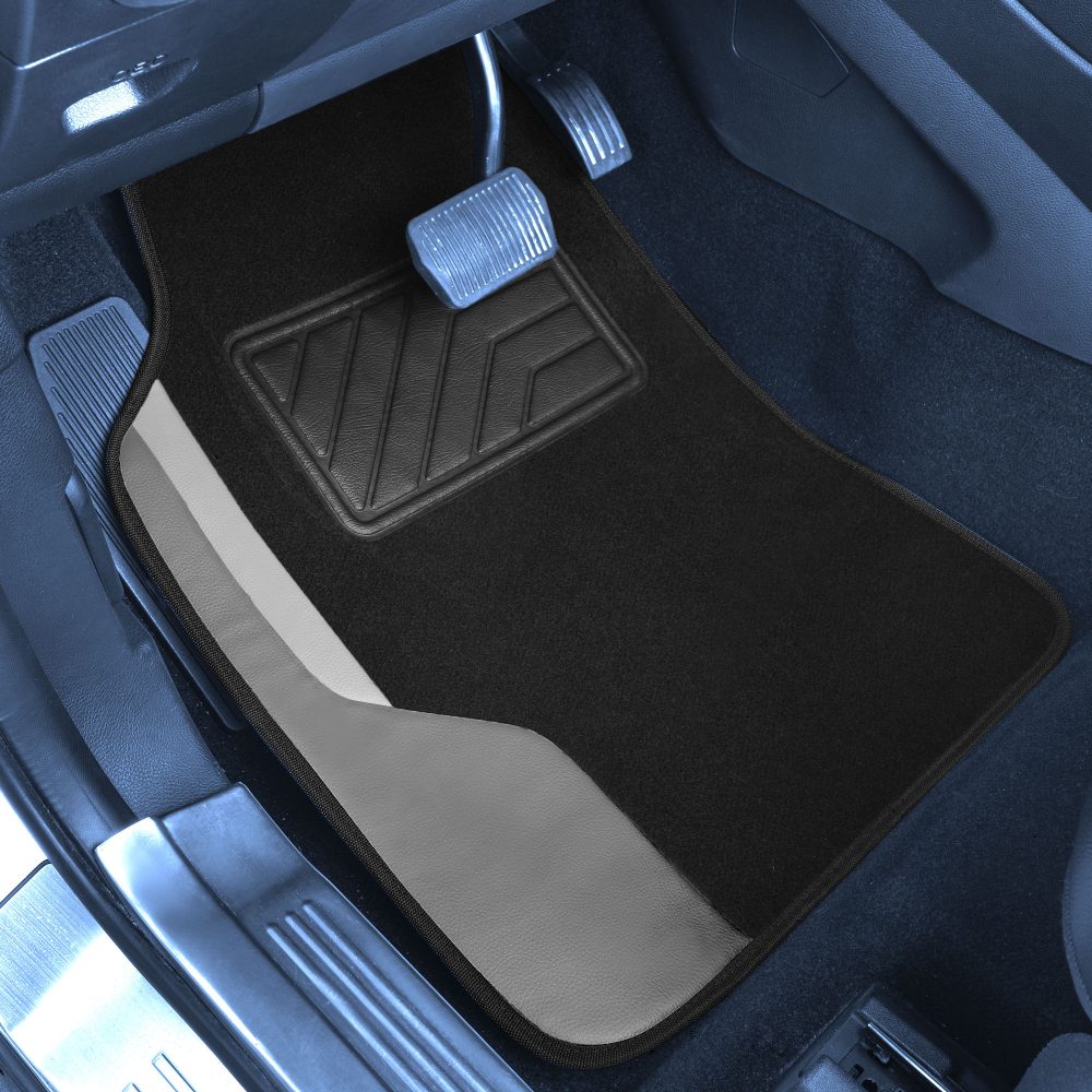 Color-Block Carpet Liners Non-Slip Car Floor Mats with Faux Leather Accents - Full Set Gray