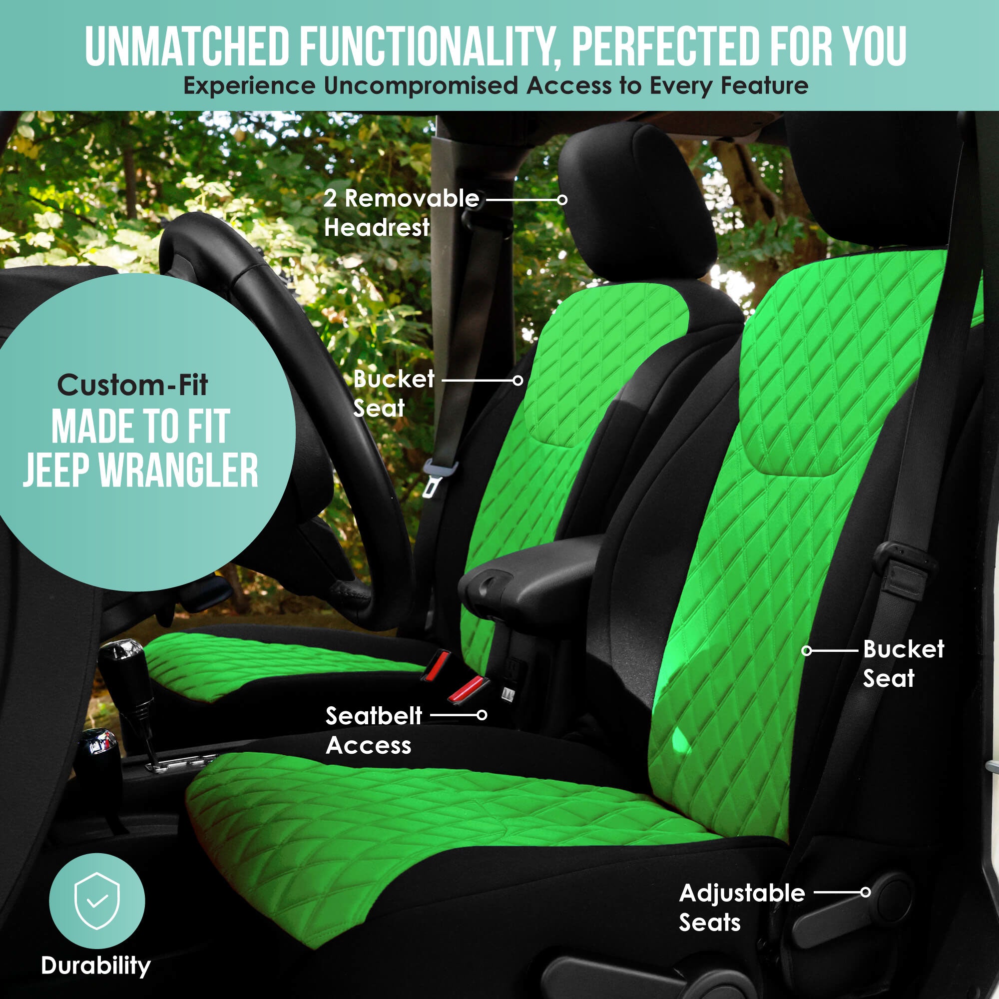 Jeep Wrangler JK 2 Door 2007-2017 -  Full Set Seat Covers - Green Ultraflex Neoprene