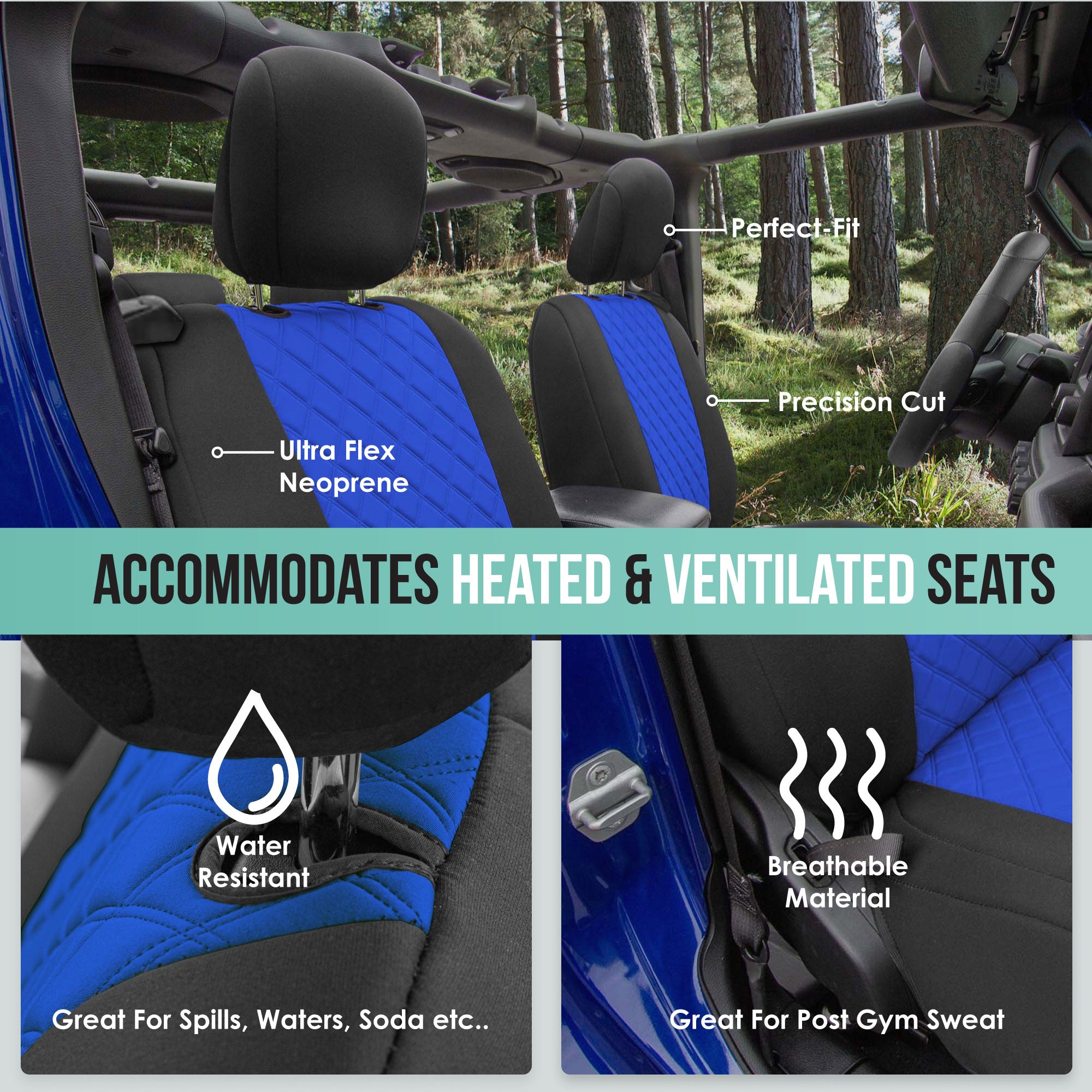Custom Fit Neoprene Front Seat Covers For 2018–2021 Jeep Wrangler JL 4-Door – Waterproof, Breathable, 4-Piece Set
