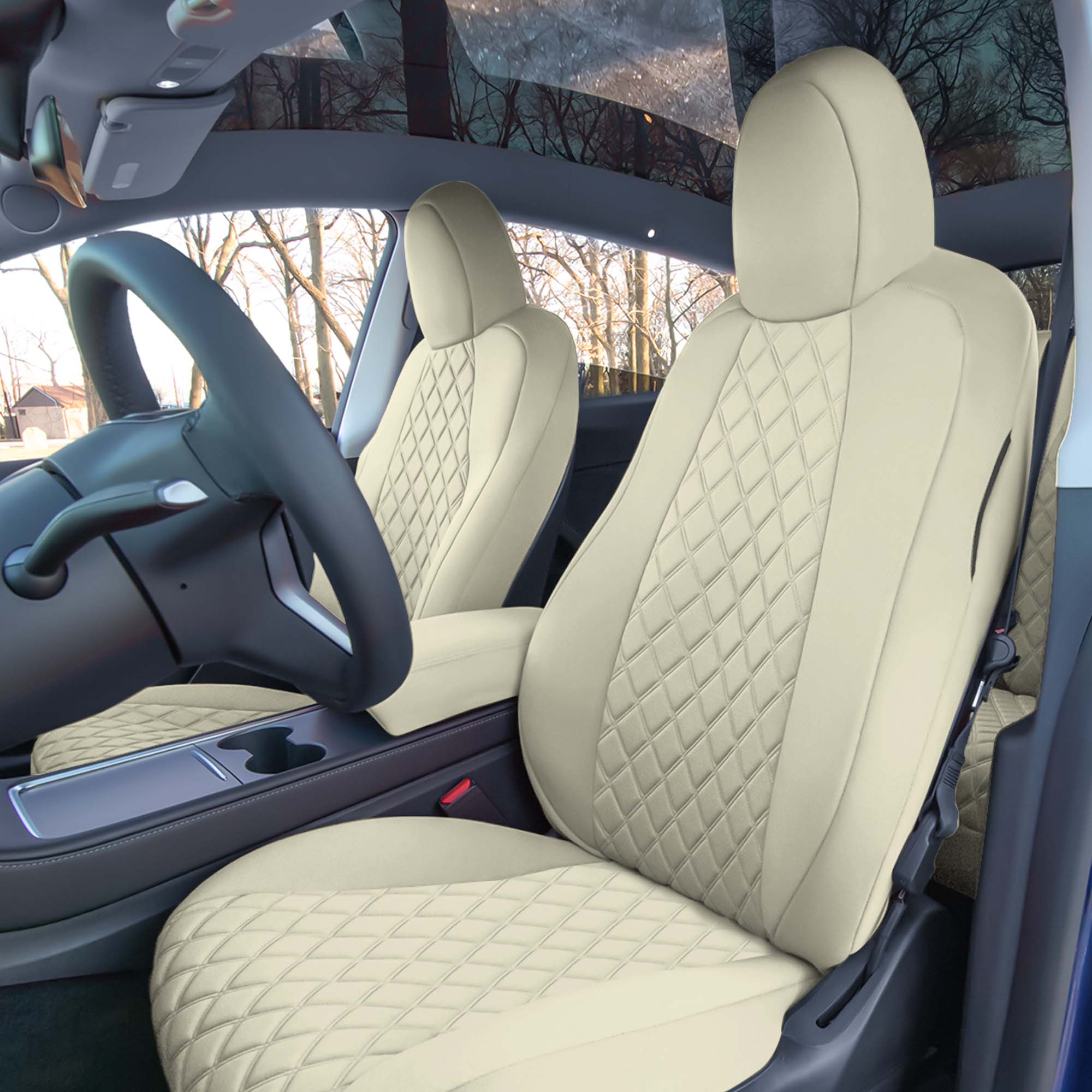 Tesla Model Y 2020 - 2024 - Front Set Seat Covers - Solid Beige Ultraflex Neoprene