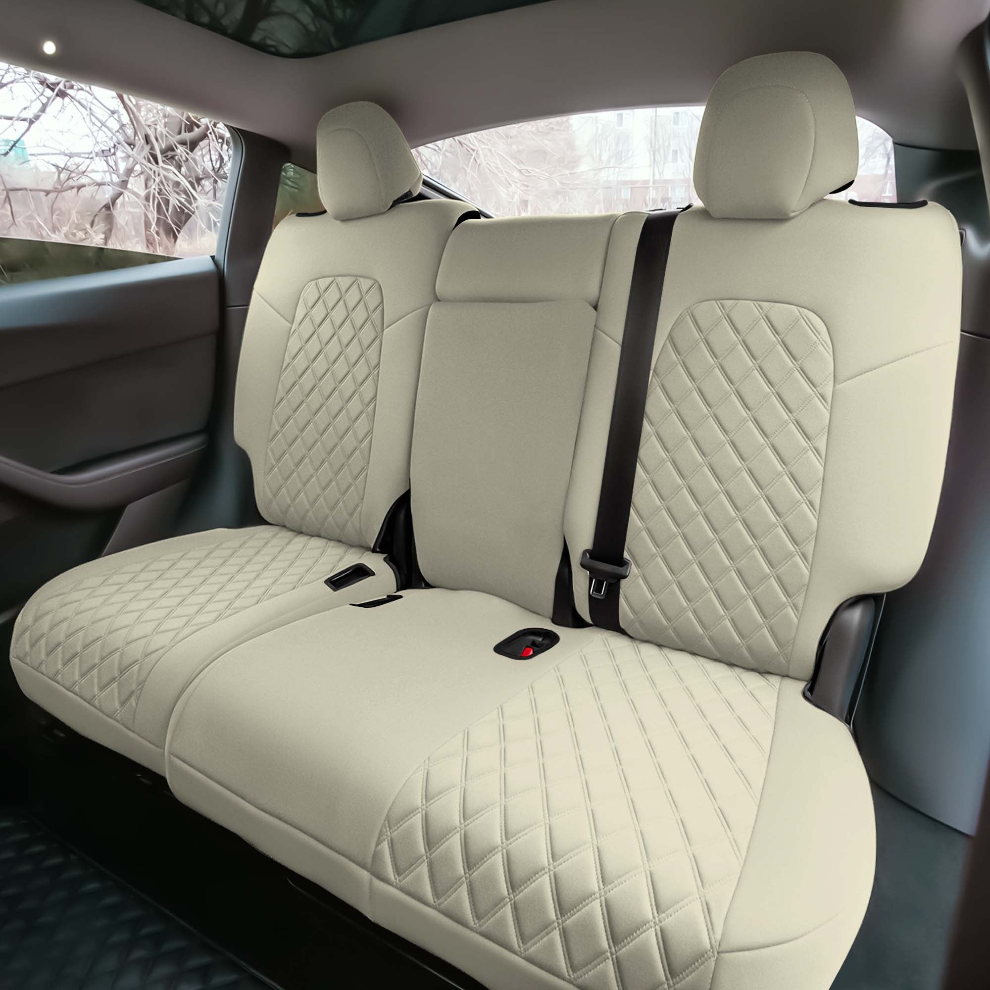 Tesla Model Y 2020 - 2024 - Rear Set Seat Covers - Solid Beige Ultraflex Neoprene