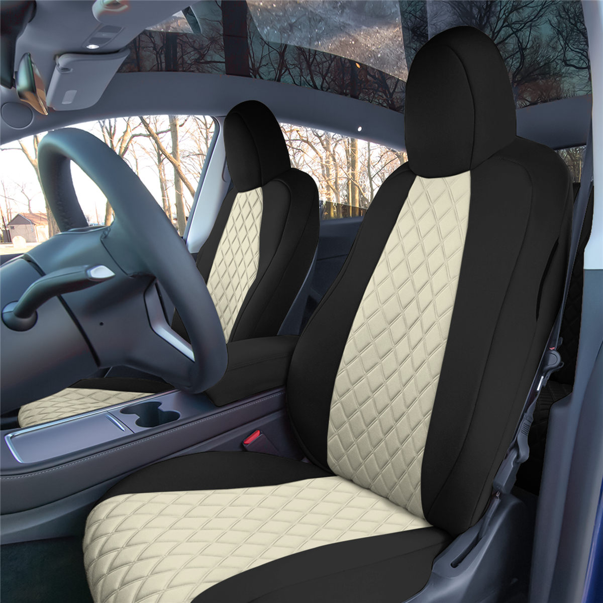 Tesla Model Y 2020 - 2024 - Front Set Seat Covers - Beige Ultraflex Neoprene