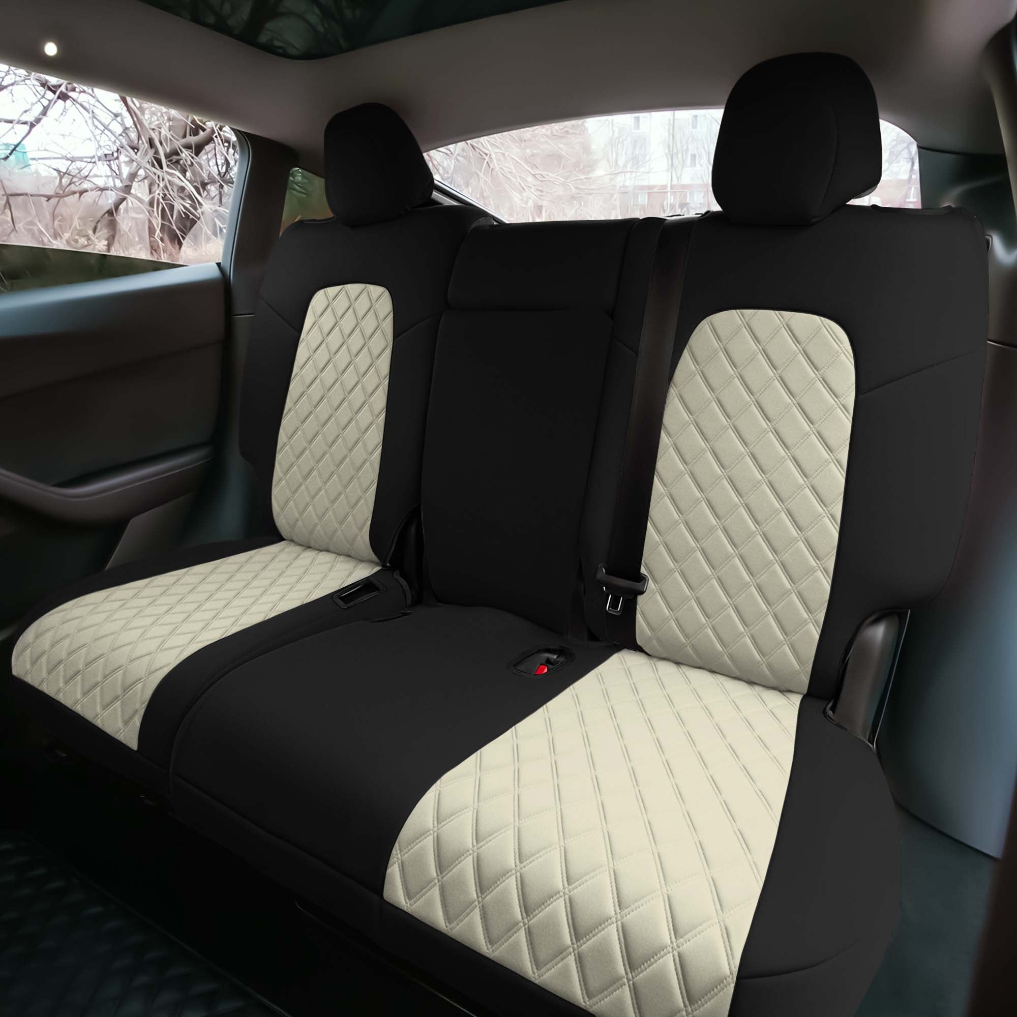 Tesla Model Y 2020 - 2022 -Rear Set Seat Covers - Beige Neoprene