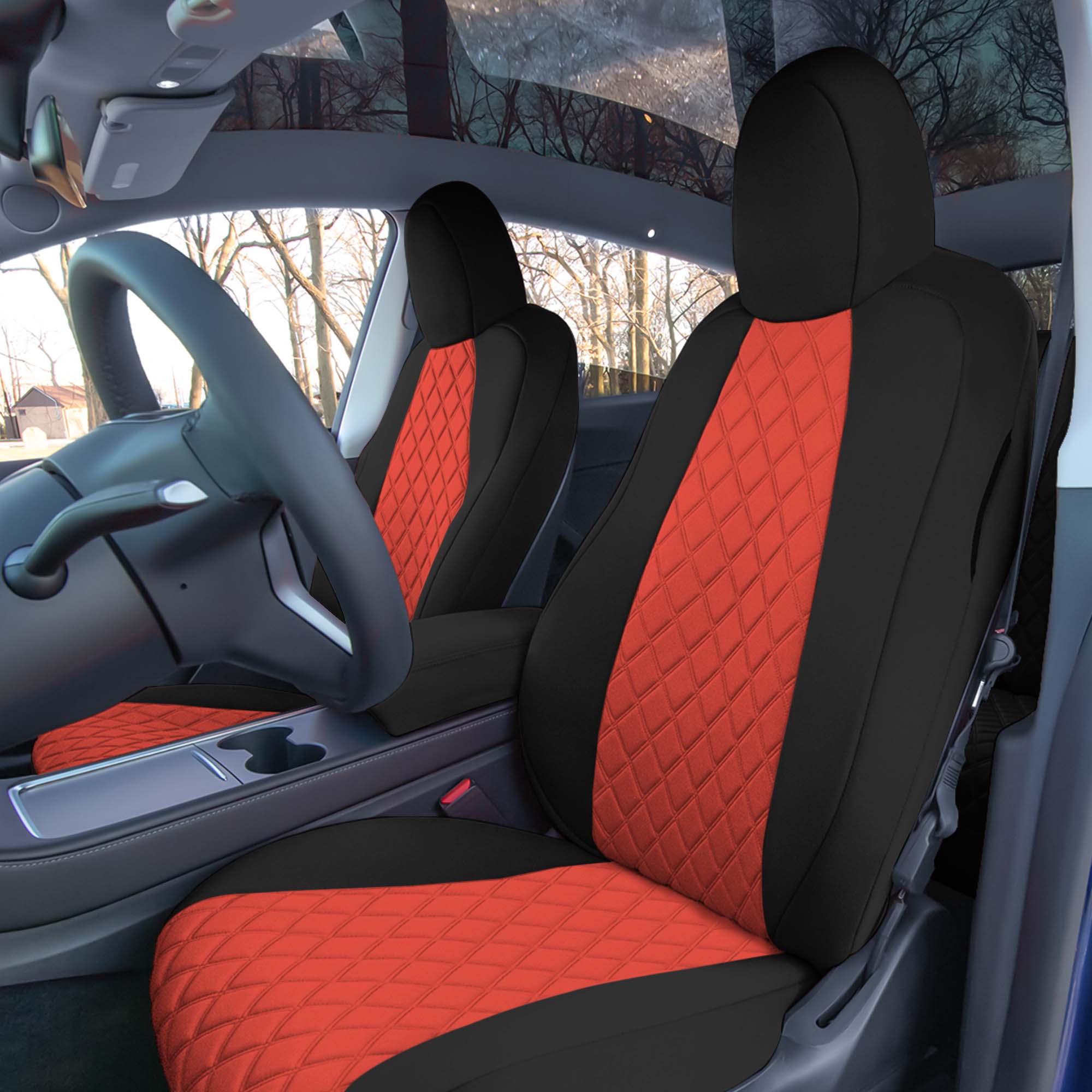 Tesla Model Y 2020-2024 - Front Set Seat Covers - Red Ultraflex Neoprene