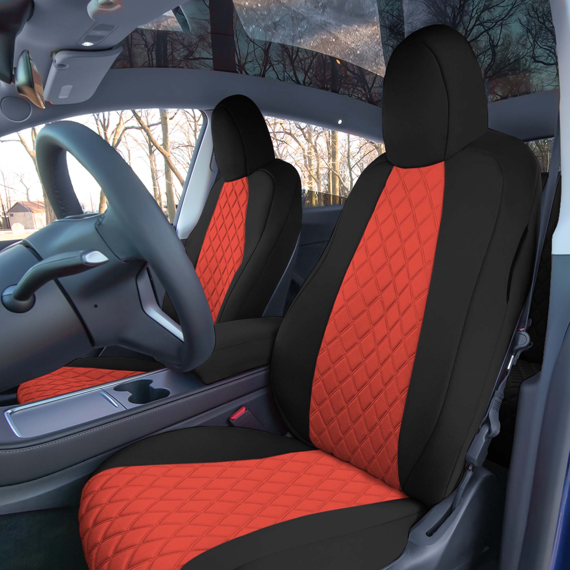 Tesla Model Y 2020 - 2024 - Front Set Seat Covers - Red Ultraflex Neoprene