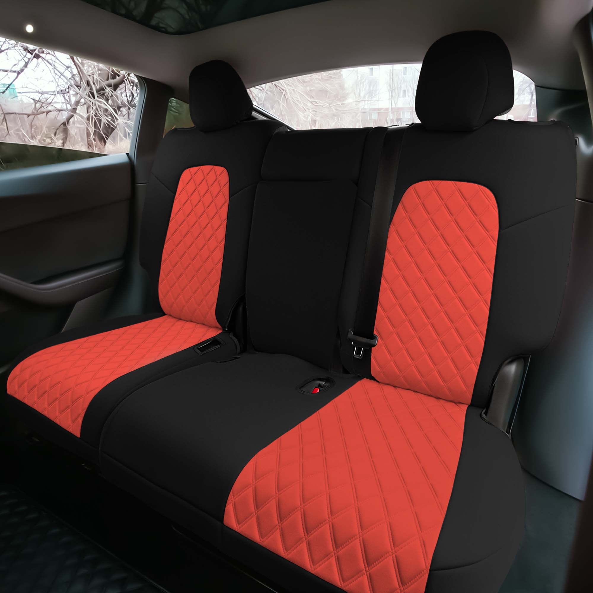 Tesla Model Y 2020 - 2024 -Rear Set Seat Covers - Red Ultraflex Neoprene