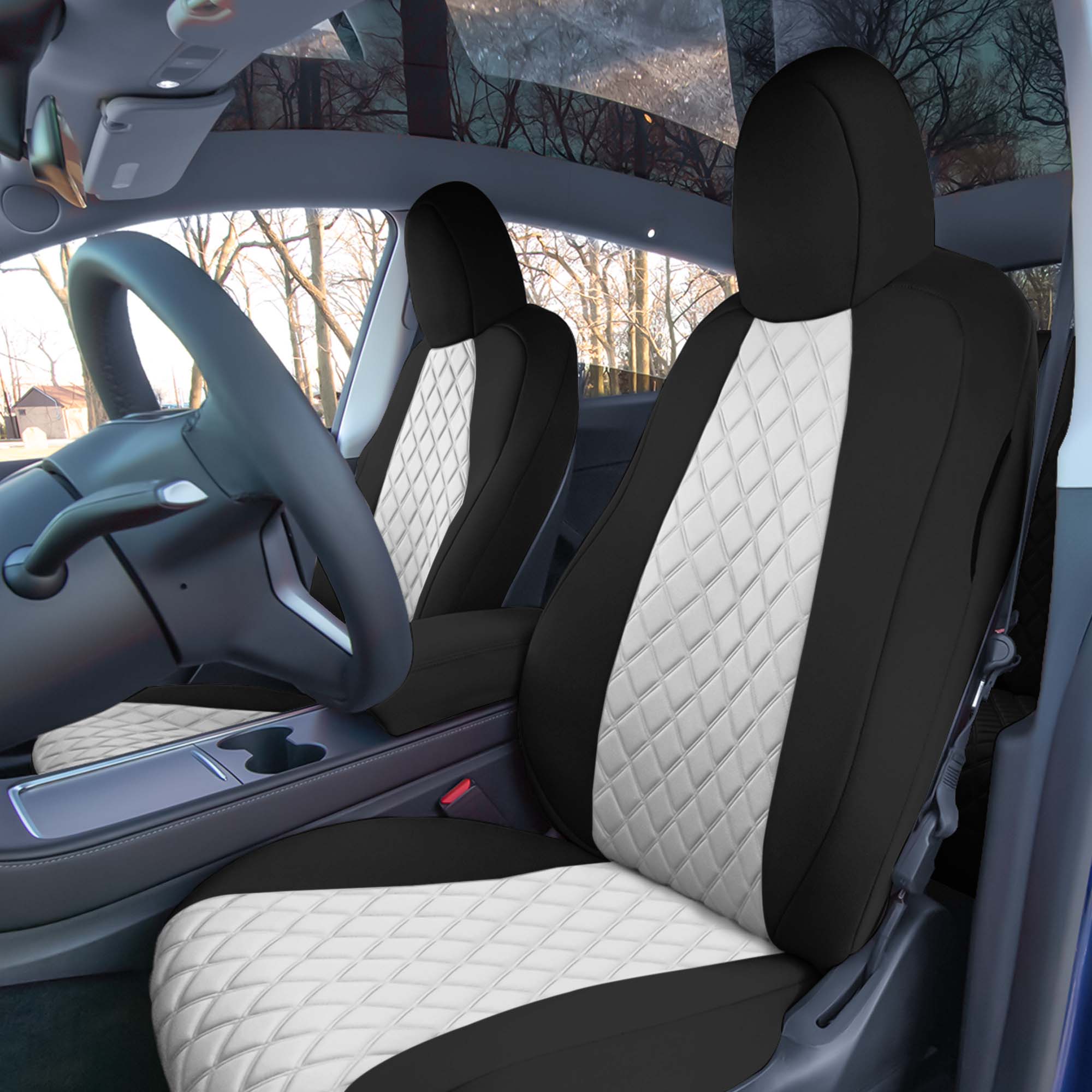 Tesla Model Y 2020 - 2024 - Front Set Seat Covers - White Ultraflex Neoprene