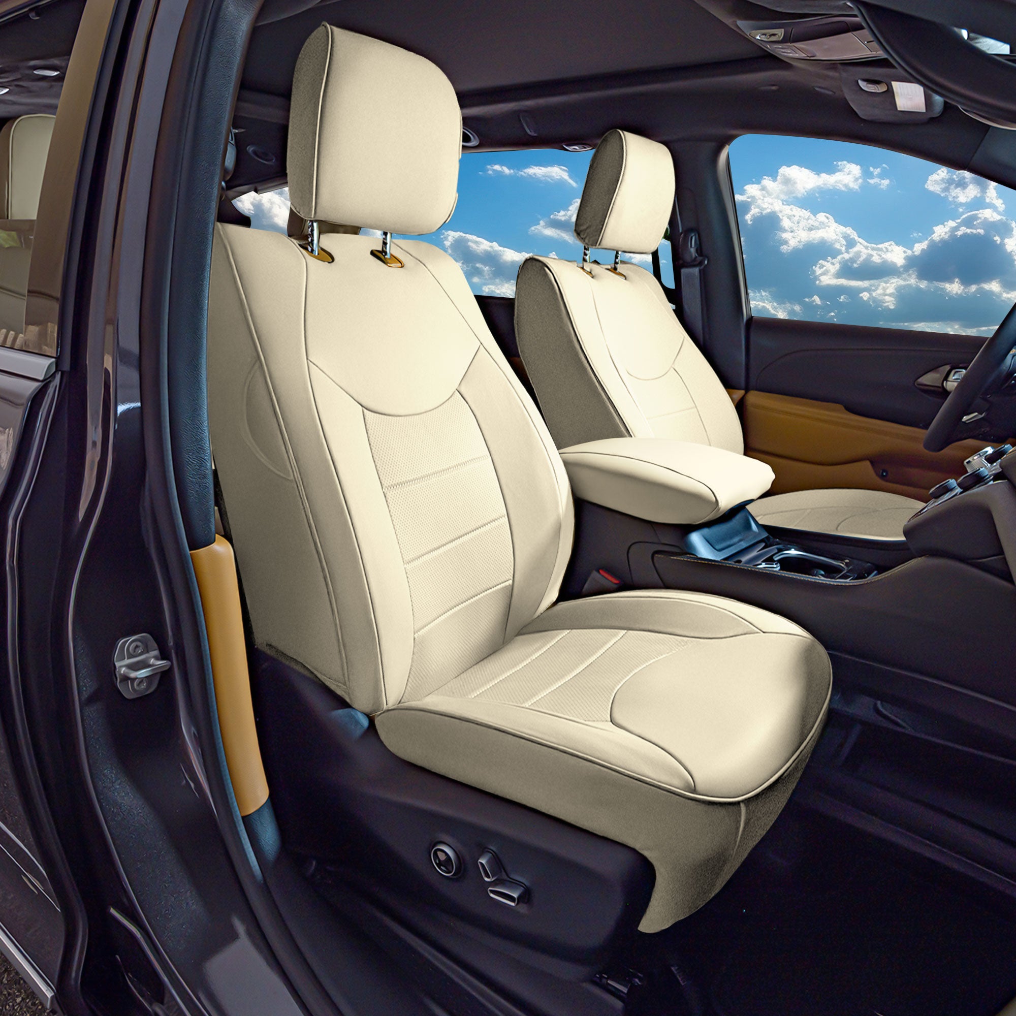 Chrysler Pacifica - 2017 - 2024 - Front Set Seat Covers - Beige Faux Leather (DVD access & armrest included)