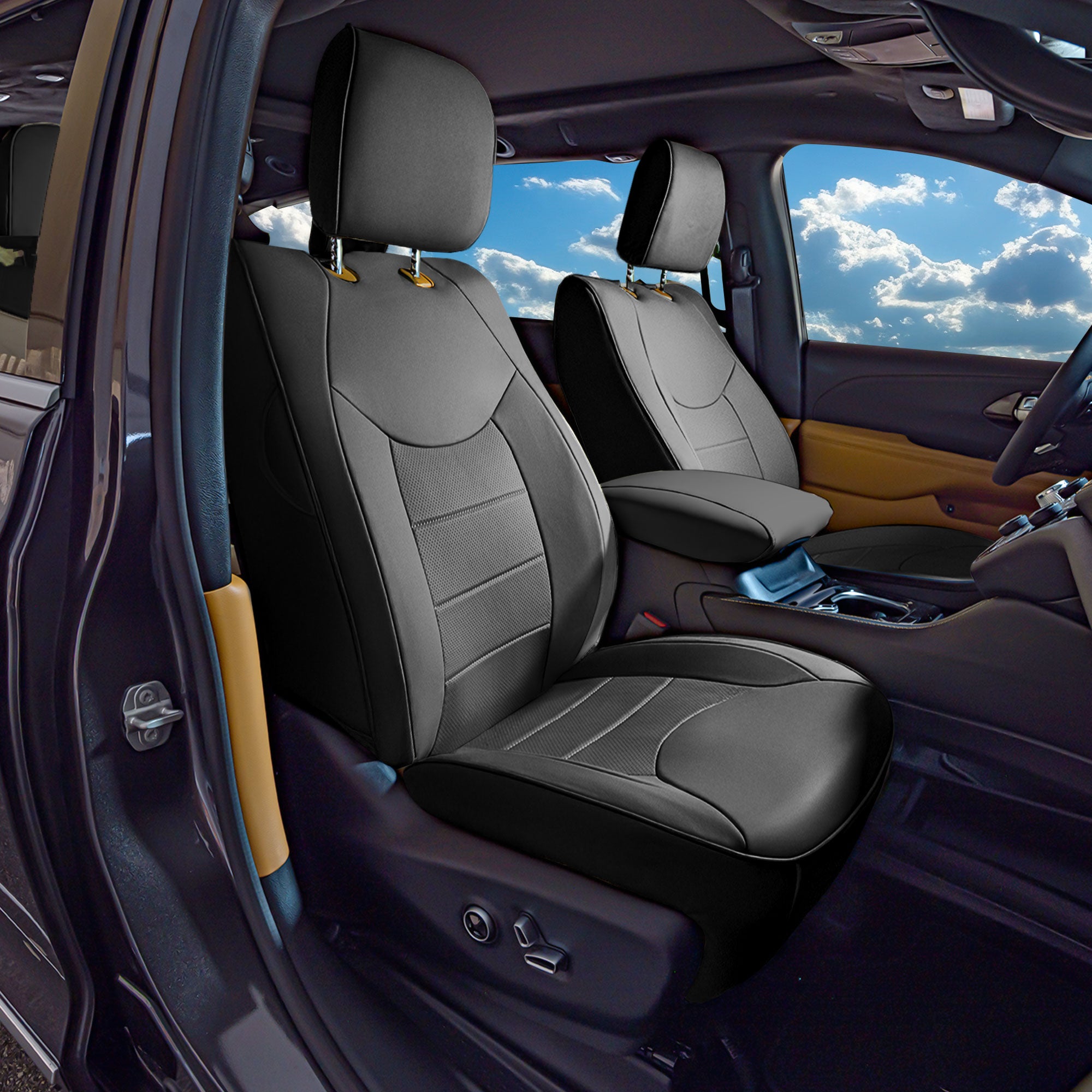 Chrysler Pacifica - 2017 - 2024 - Front Set Seat Covers - Black Faux Leather (DVD access & armrest included)