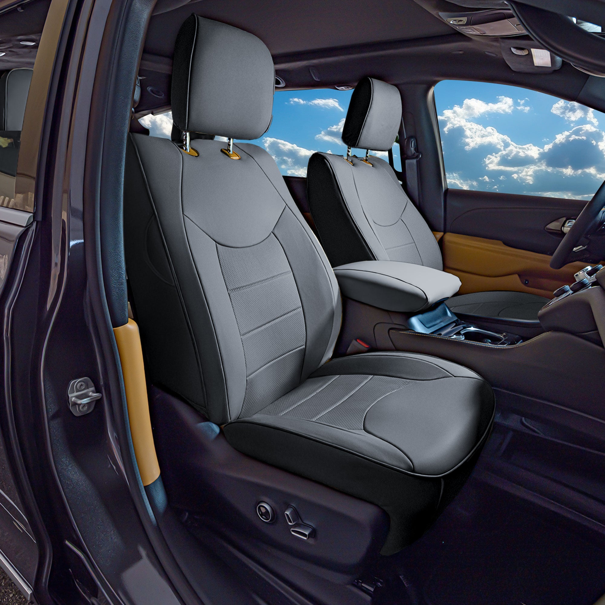 Chrysler Pacifica - 2017 - 2024 - Front Set Seat Covers - Gray Faux Leather (DVD access & armrest included)
