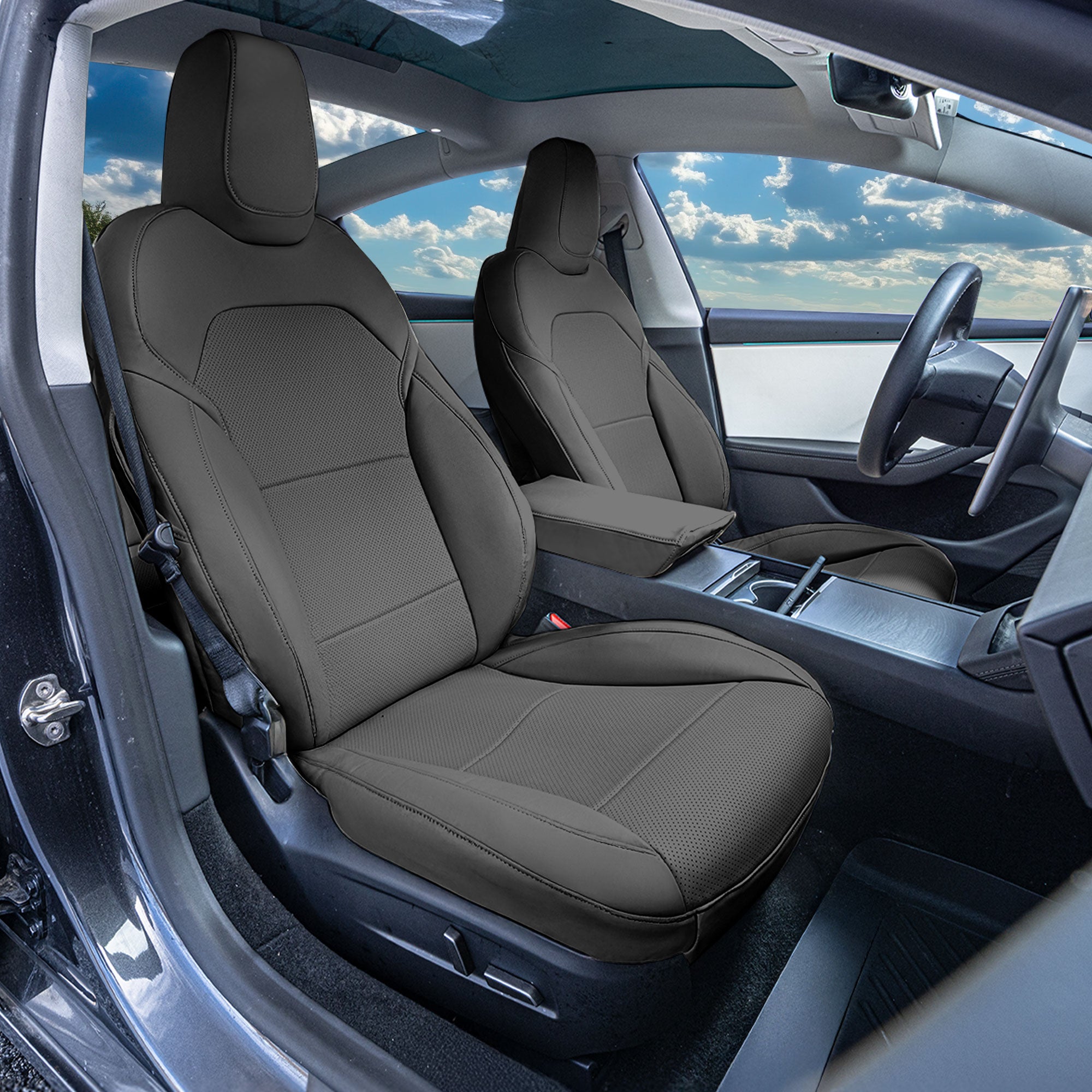 Tesla Model 3 2024 - 2026 - Full Set Seat Covers - Black Faux Leather