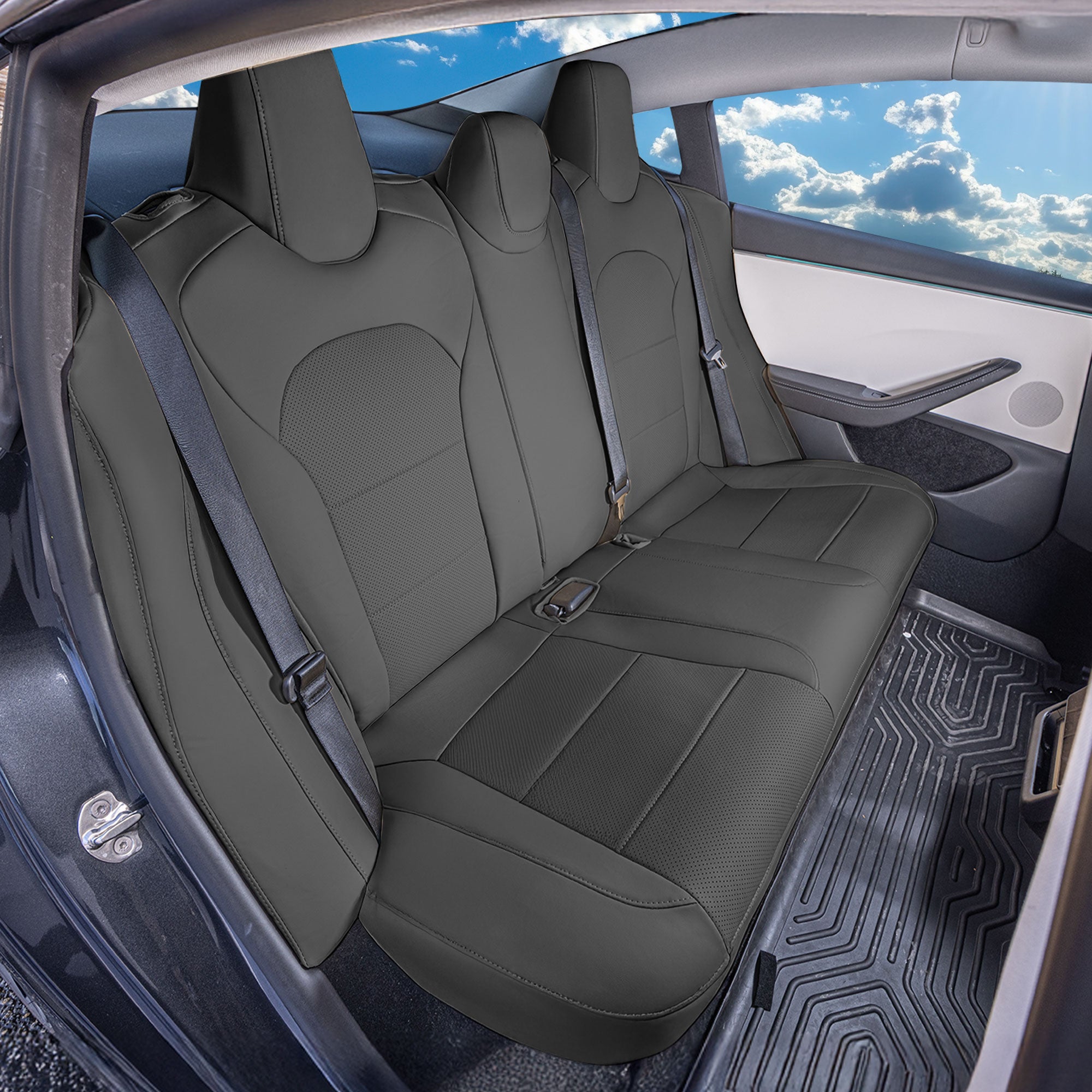 Tesla Model 3 2024 - 2026 - Rear Set Seat Covers - Black Faux Leather
