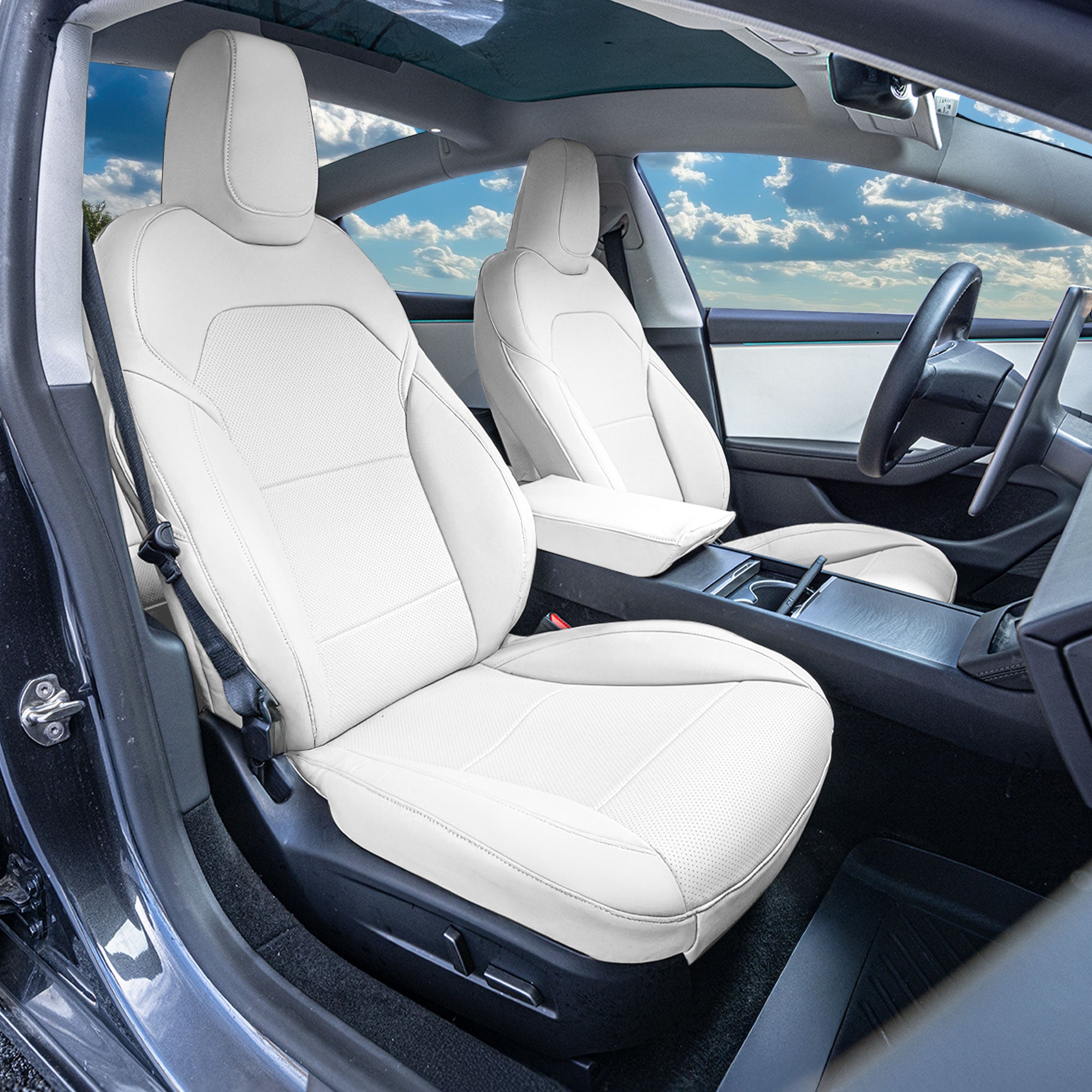 Tesla Model 3 2024 - 2026 - Full Set Seat Covers - Solid White Faux Leather