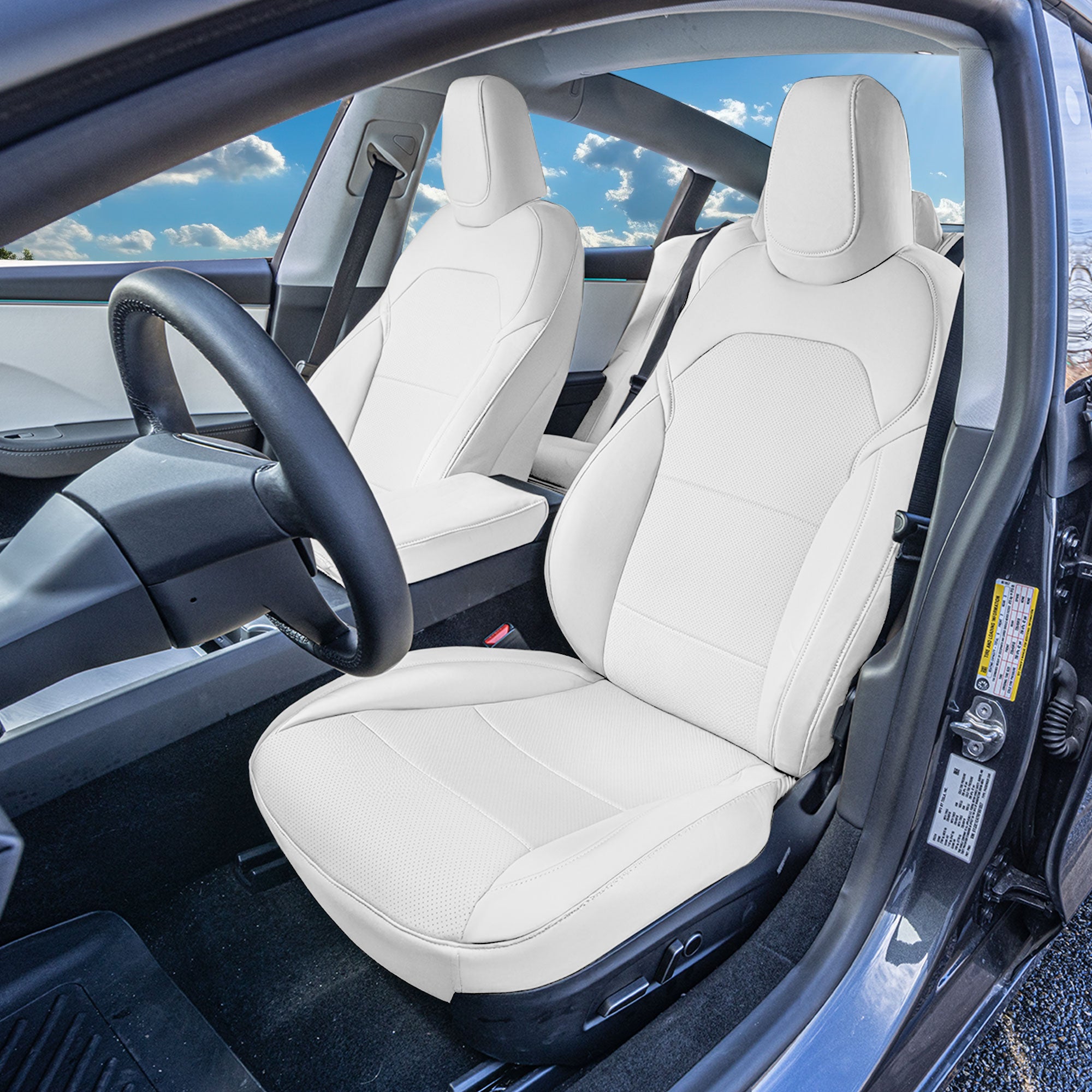 Tesla Model 3 2024 - 2026 - Full Set Seat Covers - Solid White Faux Leather