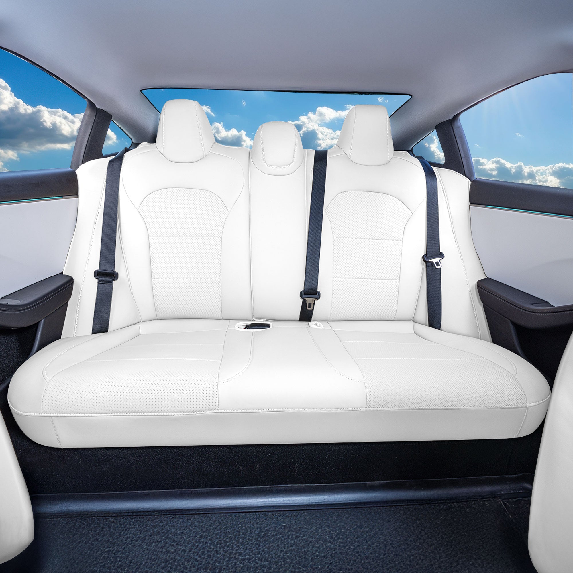 Tesla Model 3 2024 - 2026 - Rear Set Seat Covers - Solid White Faux Leather