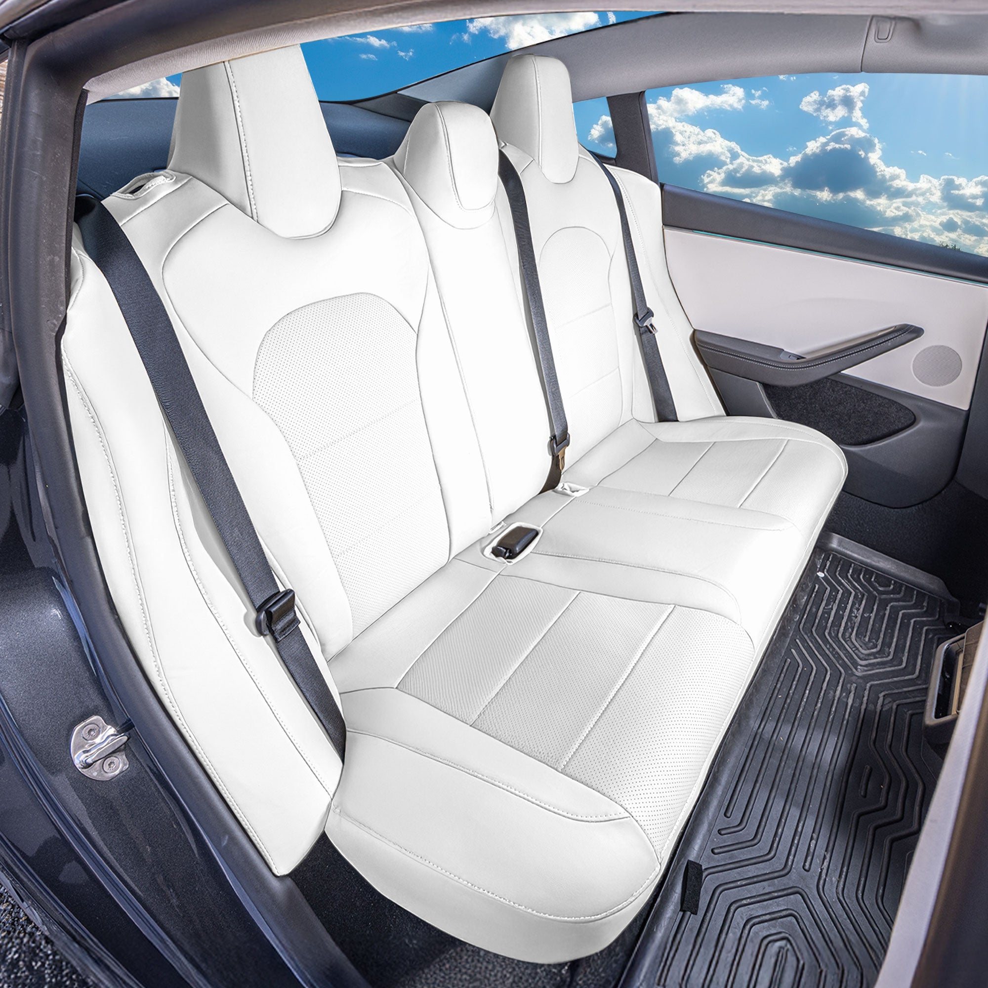 Tesla Model 3 2024 - 2026 - Rear Set Seat Covers - Solid White Faux Leather
