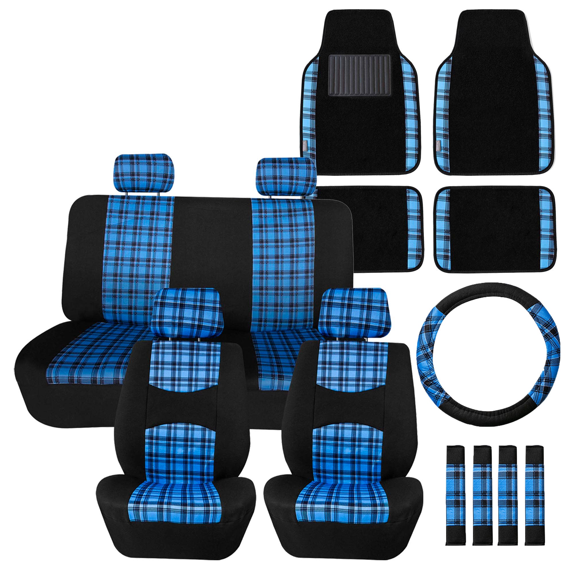 Tartan57 Plaid Print Seat Covers and Matching Floor Mats - Blue Combo Set