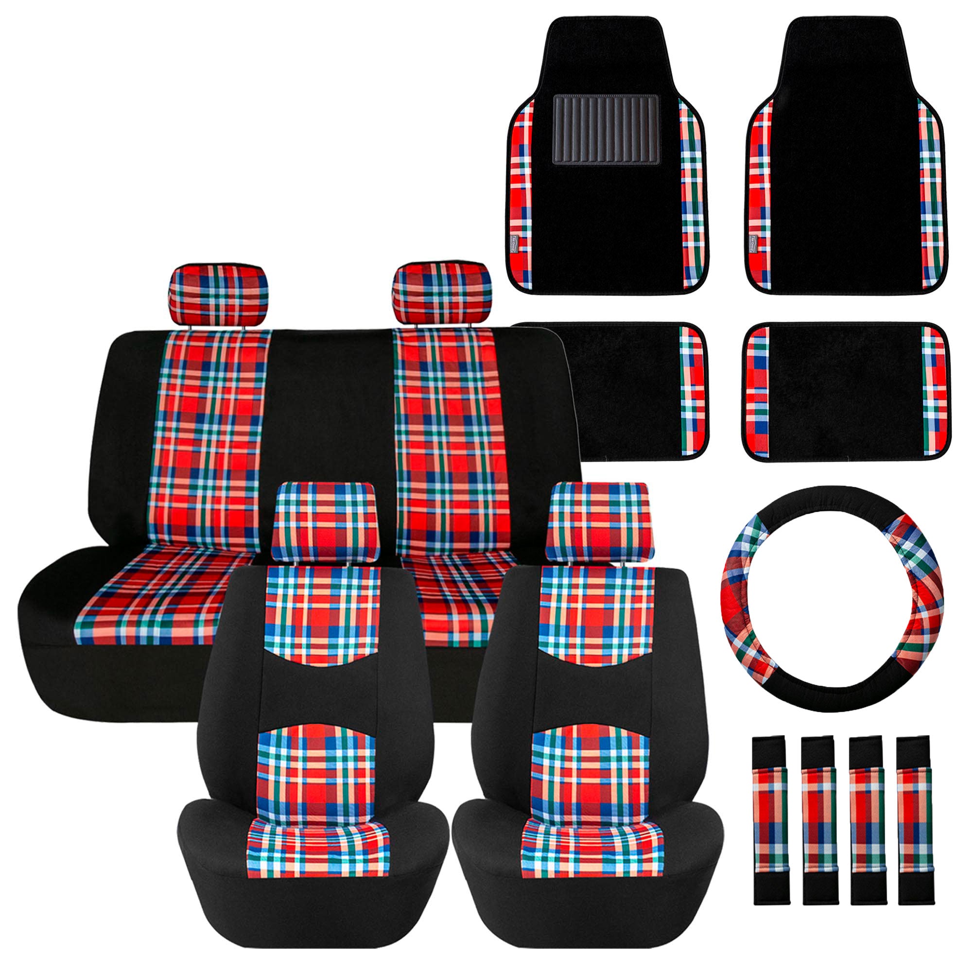 Tartan57 Plaid Print Seat Covers and Matching Floor Mats - Red Combo Set