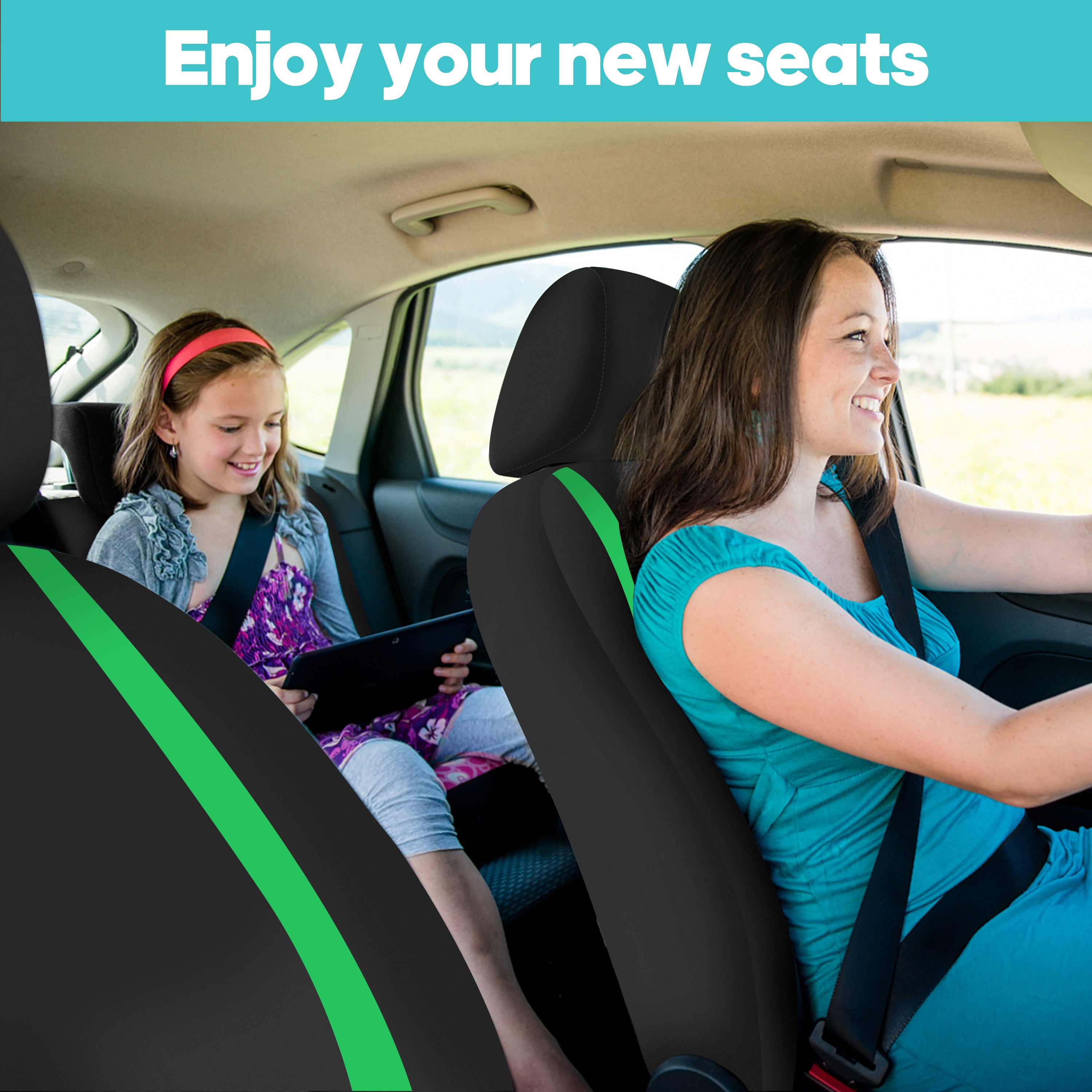 Unique Flat Cloth Seat Covers - Front Set Green