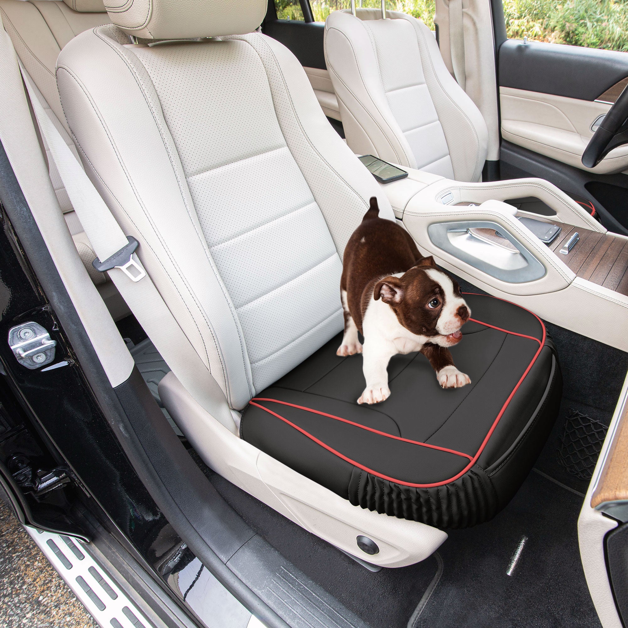 Faux Leather Seat Cushion Pad - 2 Piece Front Set Black/Red Trim