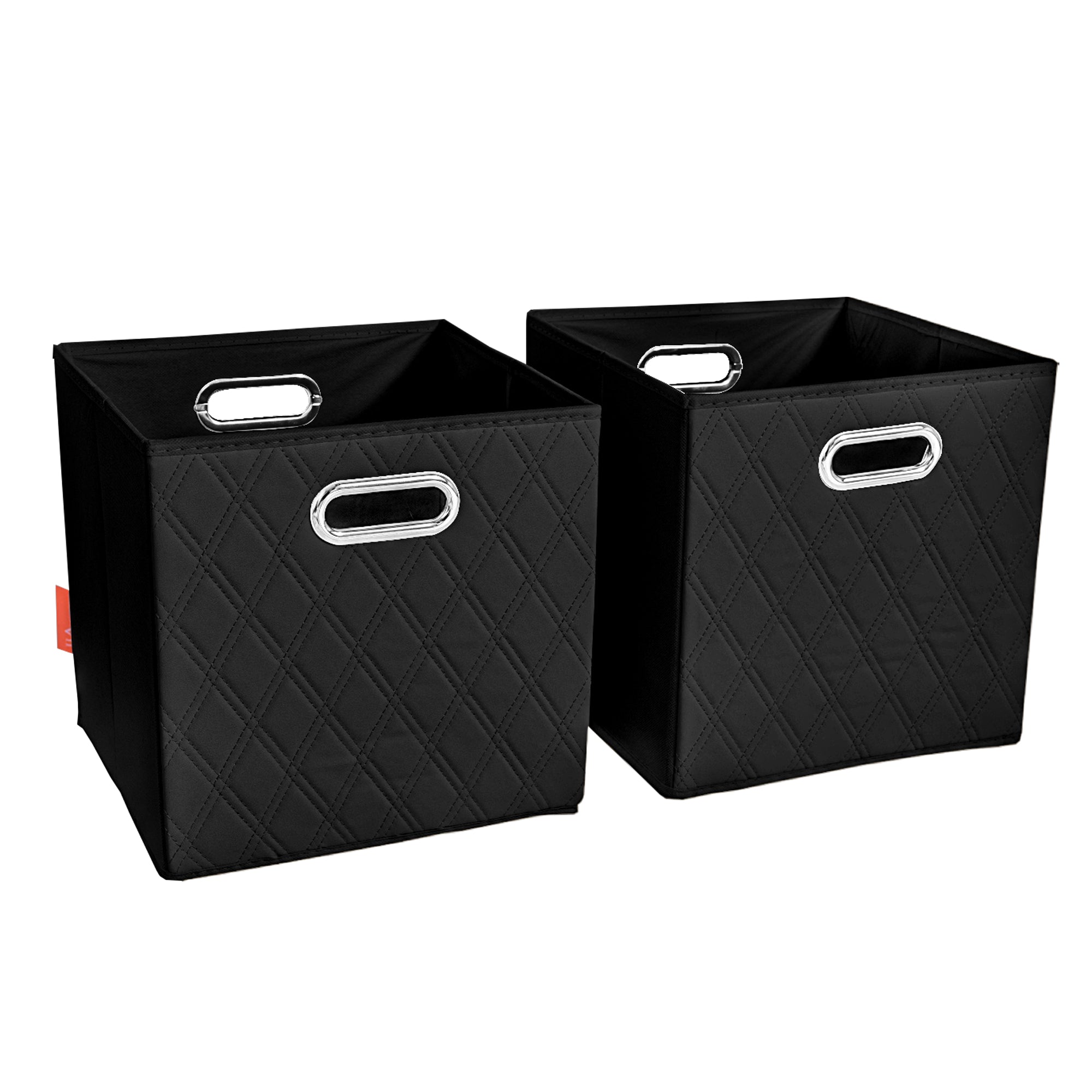 JIAessentials 13 inch Foldable Diamond Patterned Faux Leather Storage Cube Bins Set of Two with Dual Handles - 13" Black