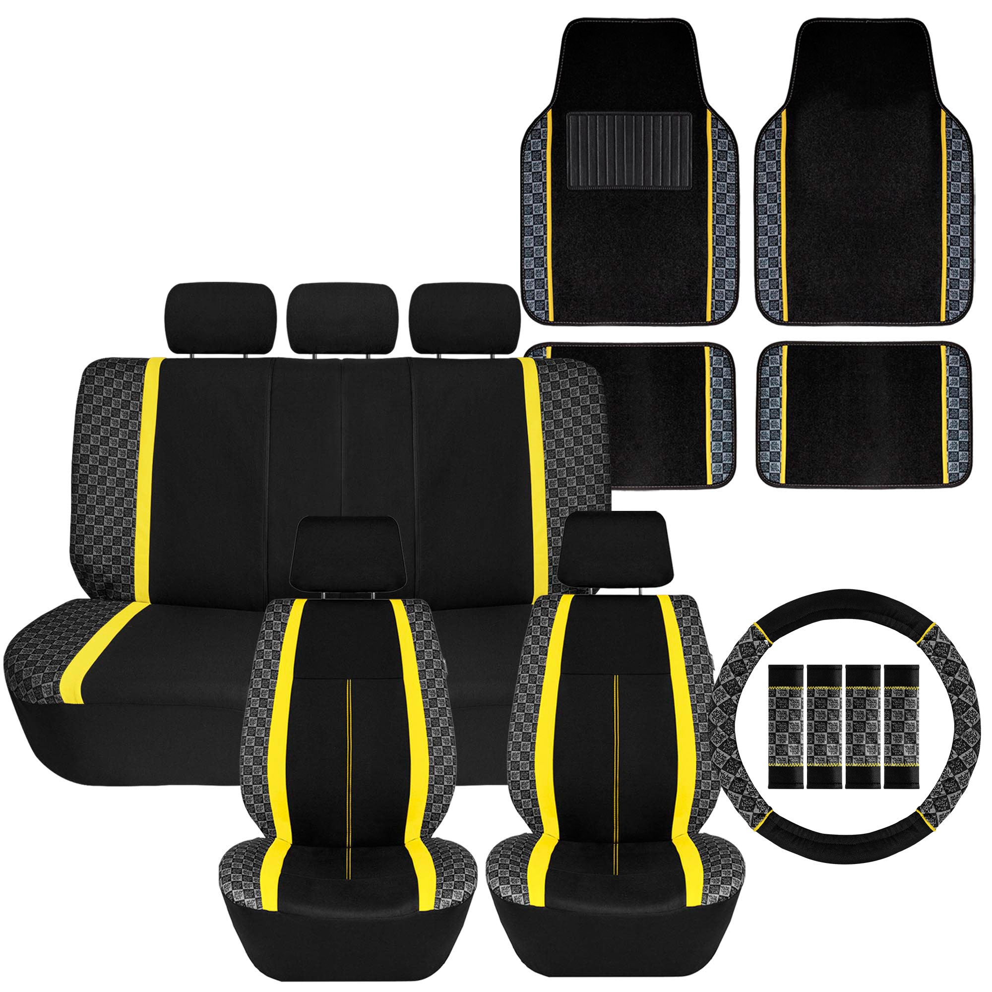 We Are Young Life is Fun Checker Printed Seat Covers, Floor Mats, and Steering Wheel Cover - Yellow Combo Full Set