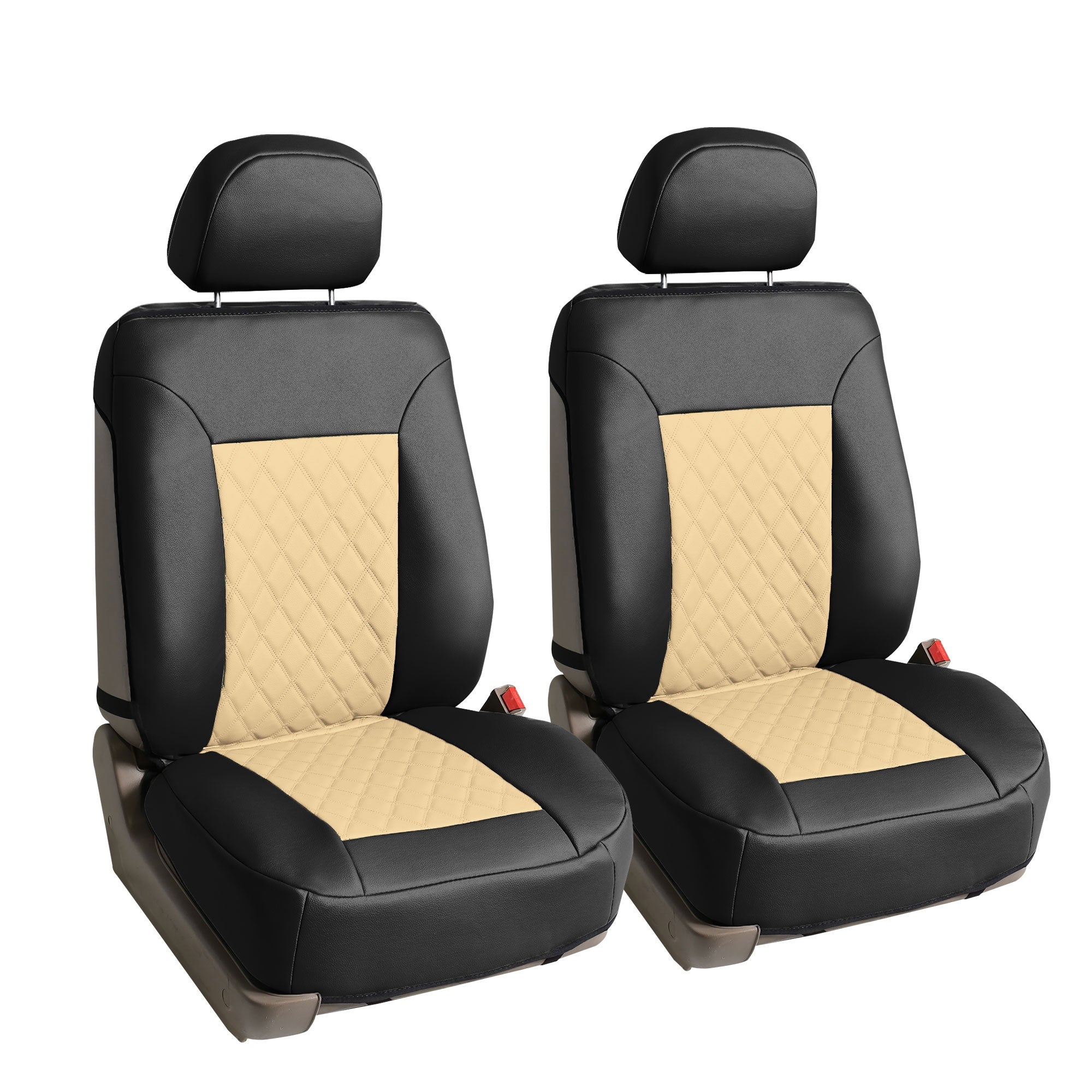 Quality Faux Leather Diamond Pattern Car Seat Cushions - Front Set Beige / Black