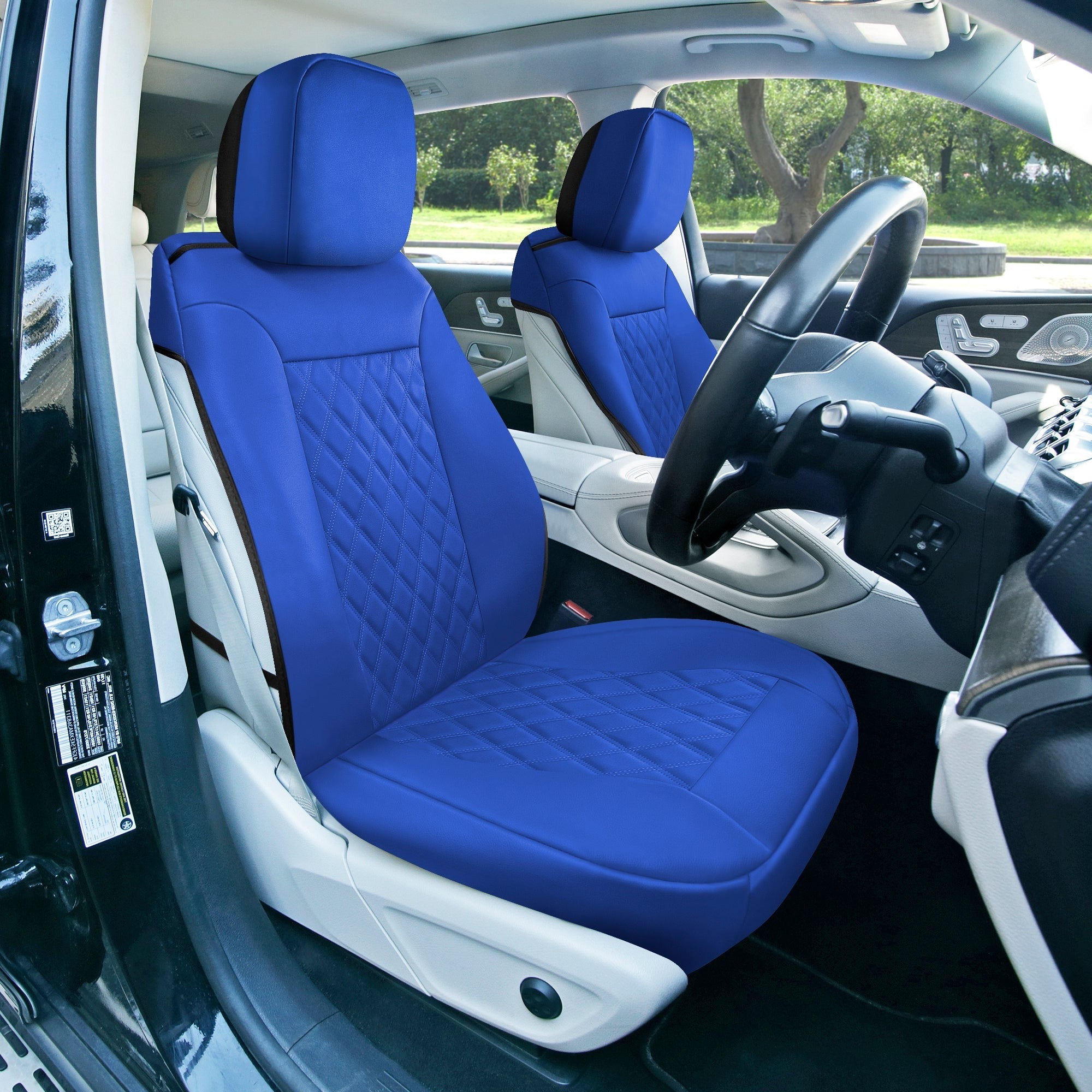 Deluxe Faux Leather Diamond Pattern Car Seat Cushions - Front Set Blue