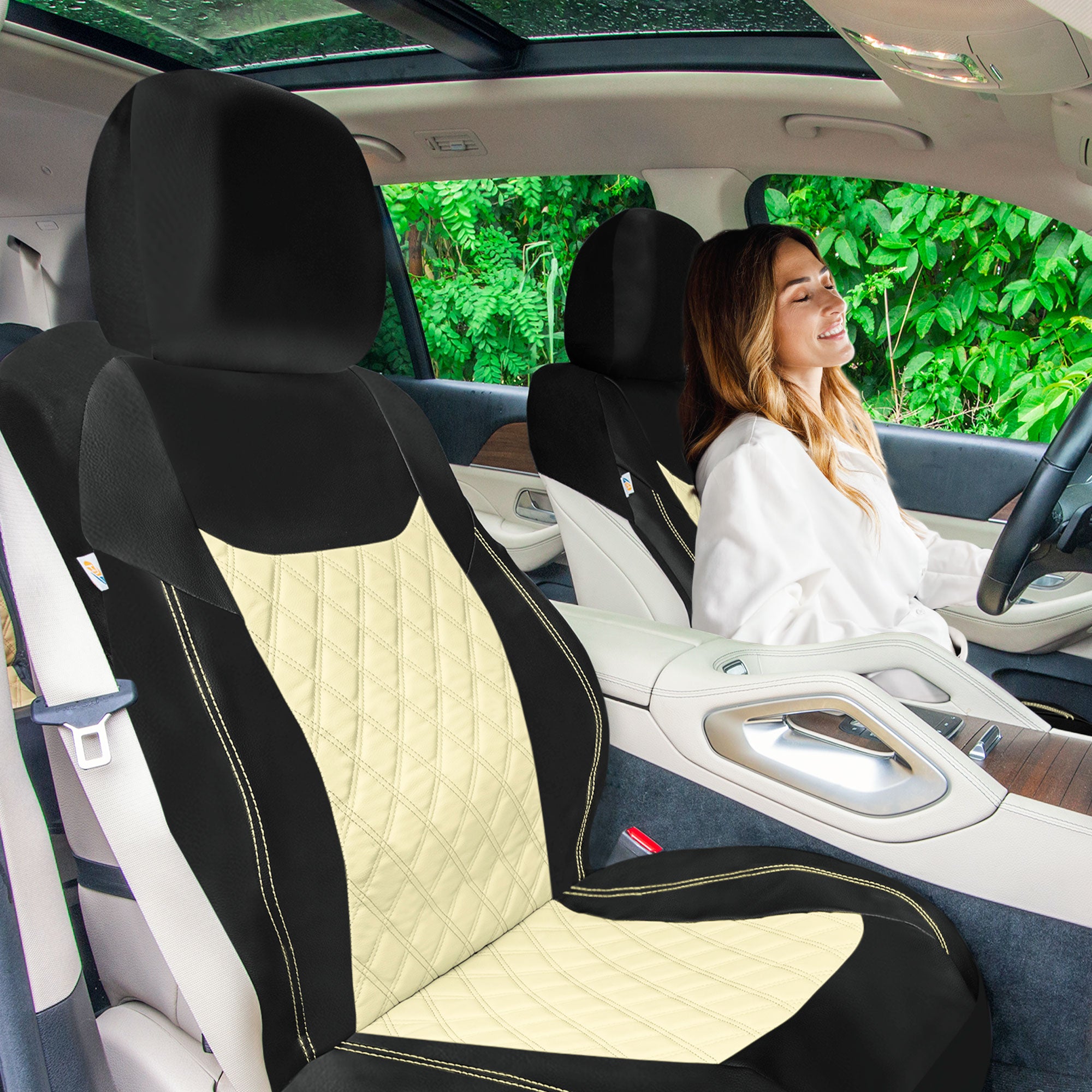 Ultra Modern Quilted Leatherette Seat Covers Full Set - Beige.