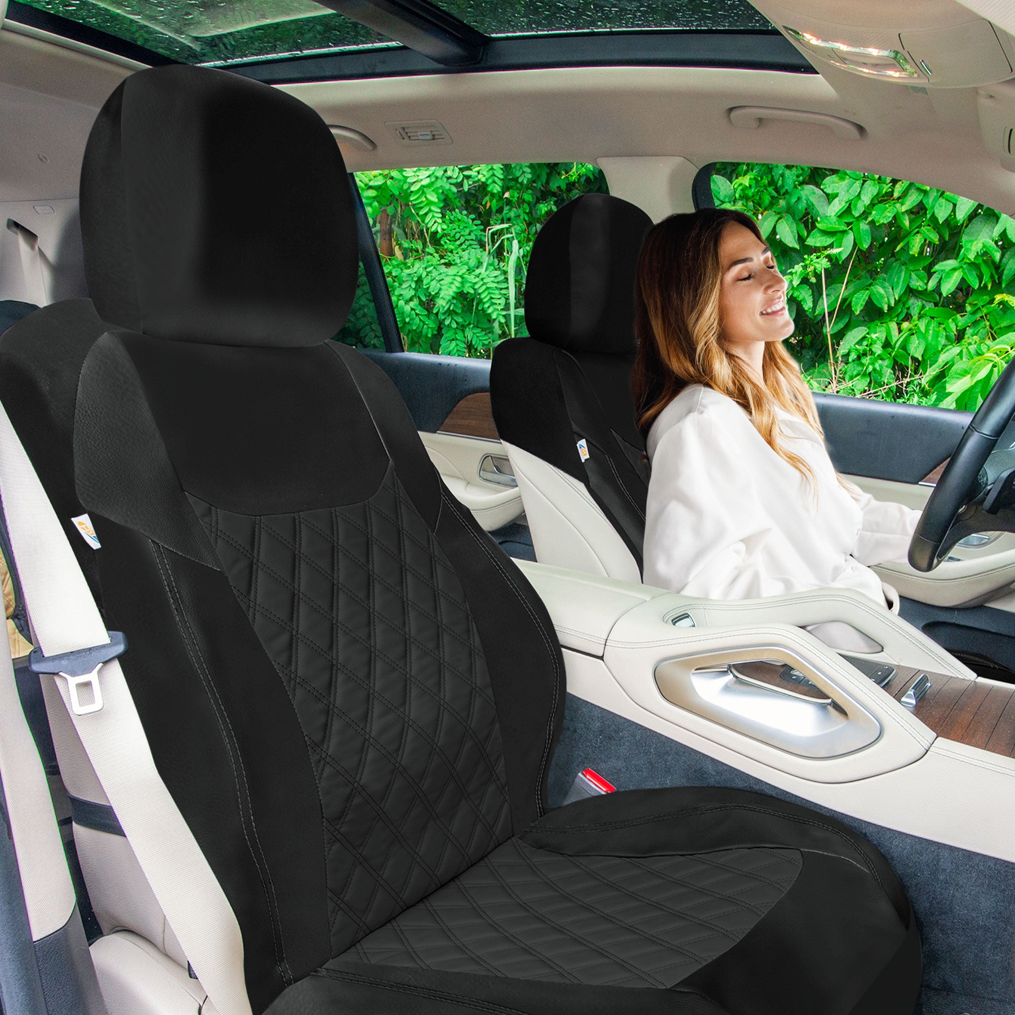 Ultra Modern Quilted Leatherette Seat Covers Full Set - Black