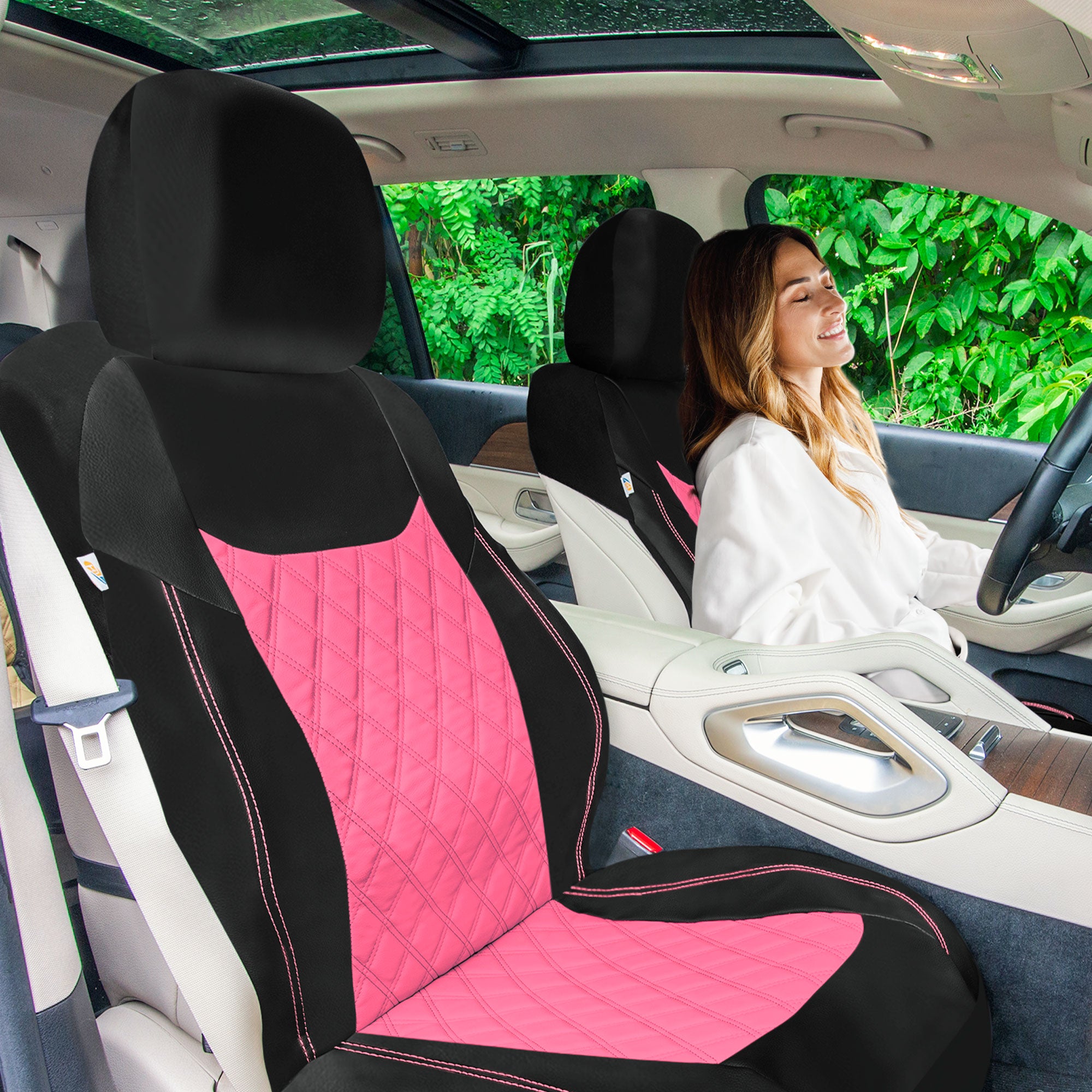 Ultra Modern Quilted Leatherette Seat Covers Full Set - Pink