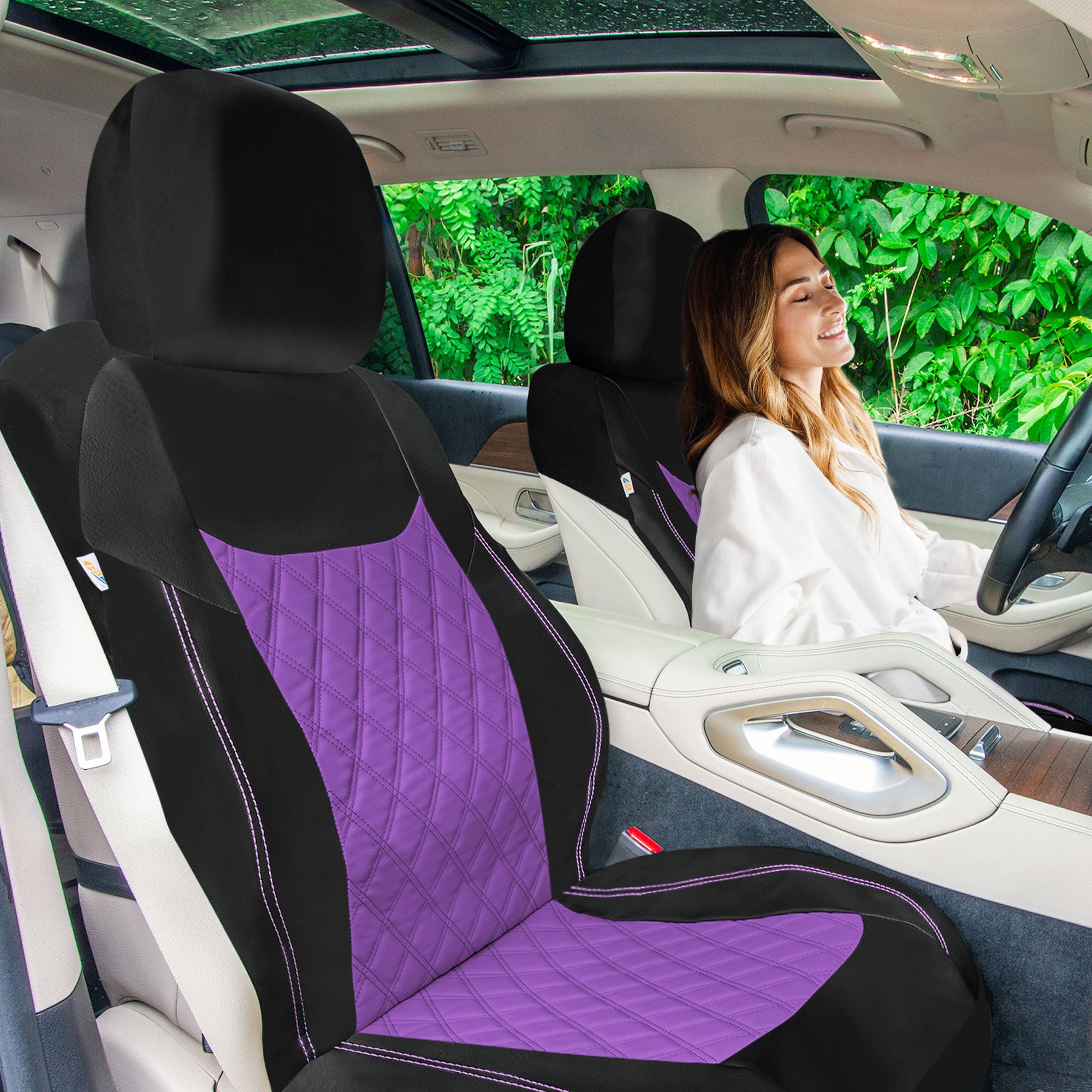 Ultra Modern Quilted Leatherette Seat Covers Full Set - Purple