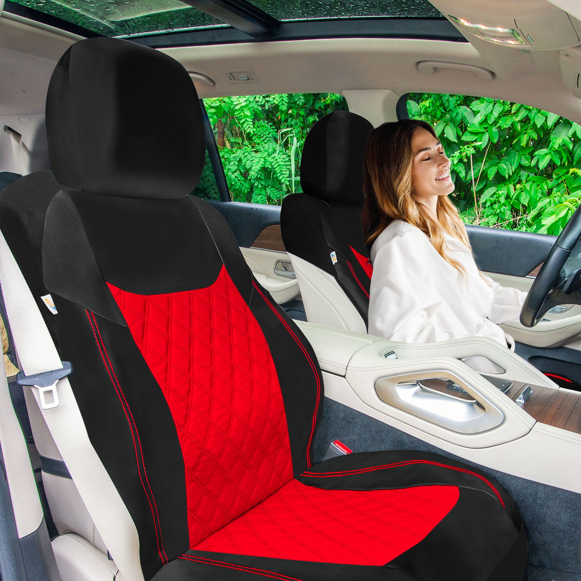Ultra Modern Quilted Leatherette Seat Covers Full Set - Red