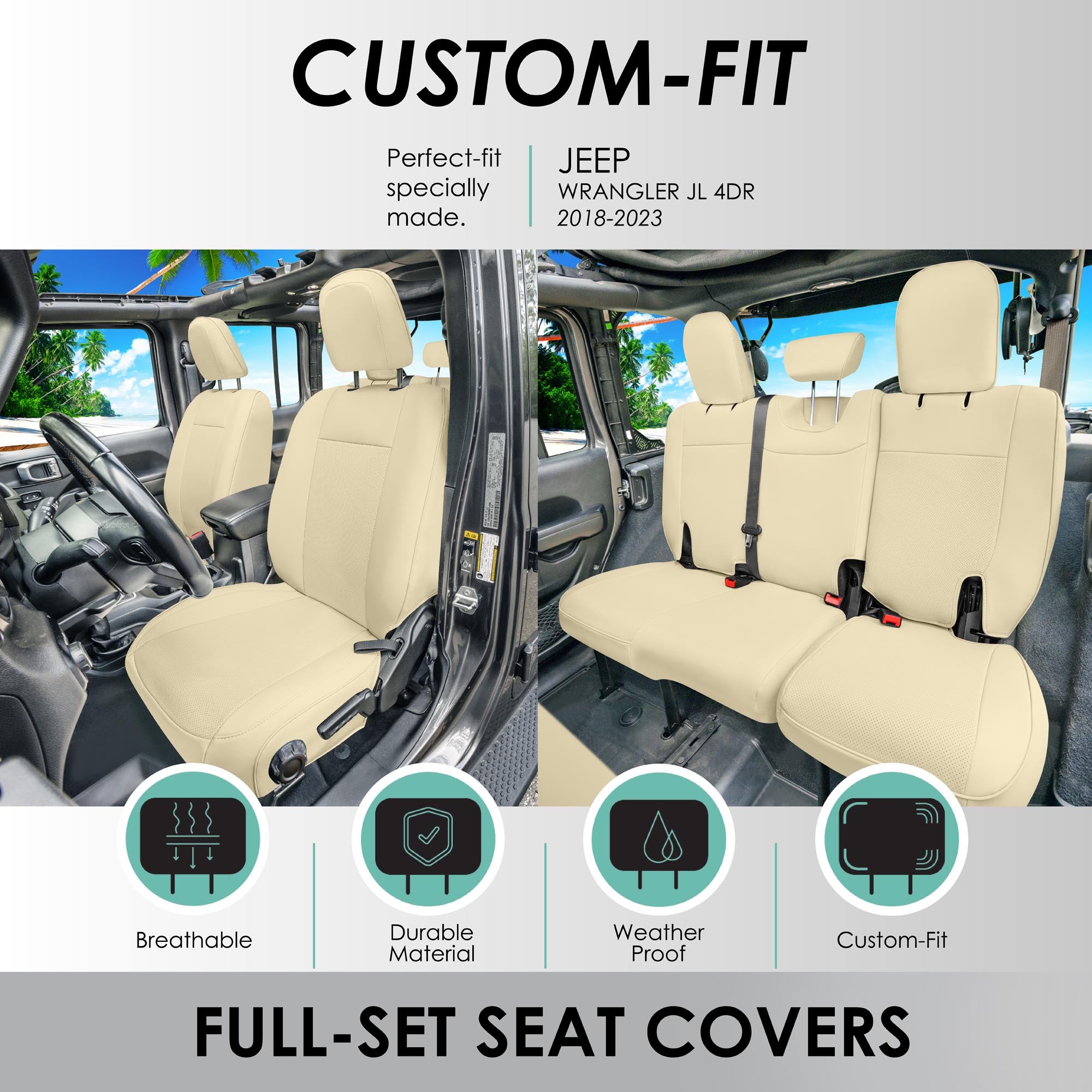 Jeep Wrangler JL 4-Door 2018-2023 -  Full Set Seat Covers - Beige Faux Leather