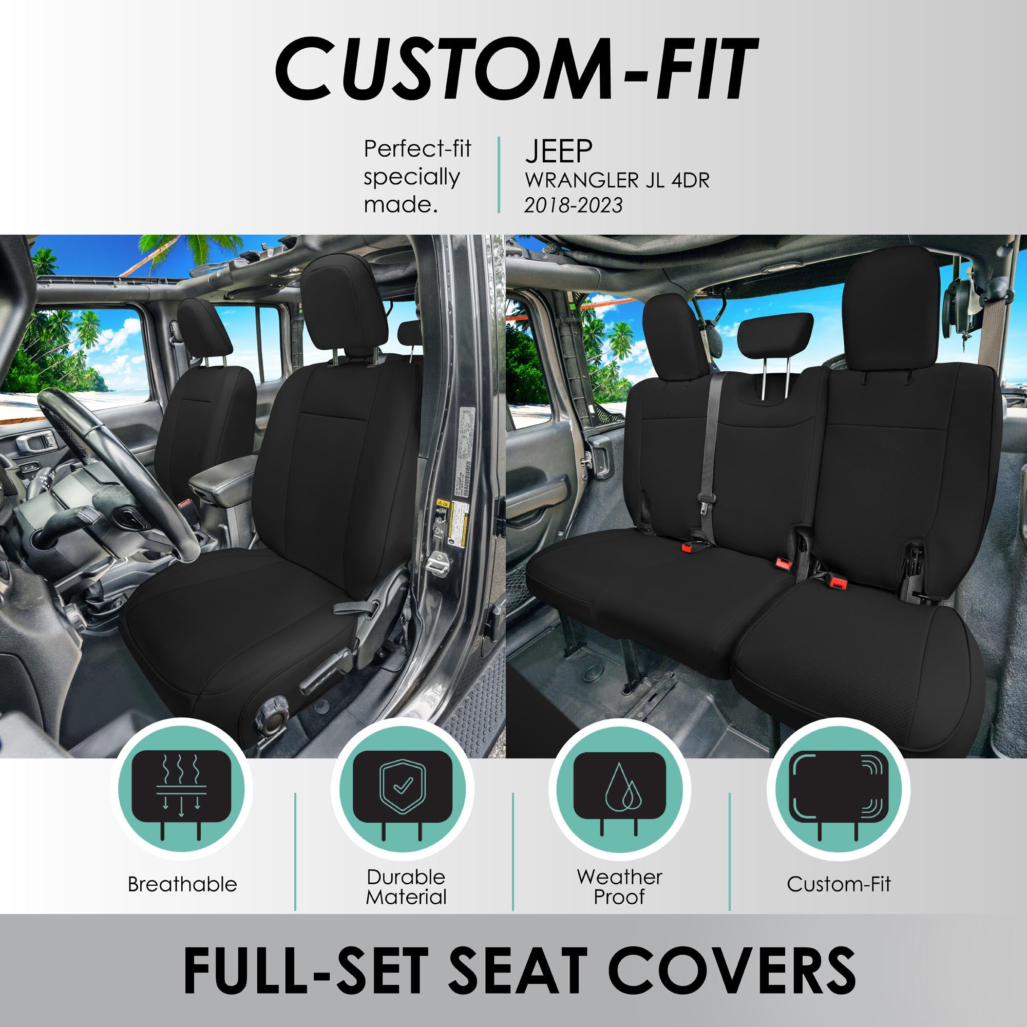Jeep Wrangler JL 4-Door 2018-2023 -  Full Set Seat Covers - Black Faux Leather